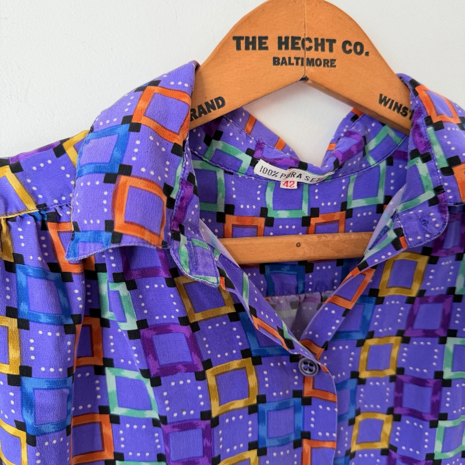 Vintage 90s Pure Silk Geometric Blouse Purple Memphis Art