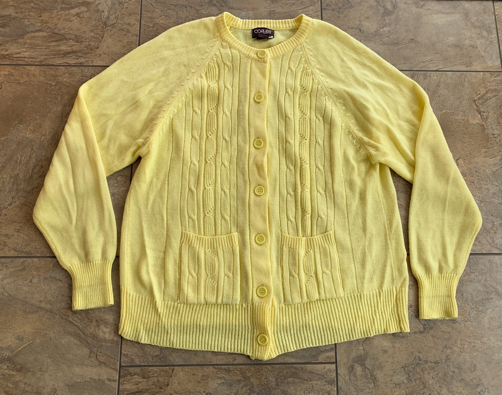 Vintage 70s Corliss Women’s 44 XL Yellow Button Up Cardigan Sweater Pockets