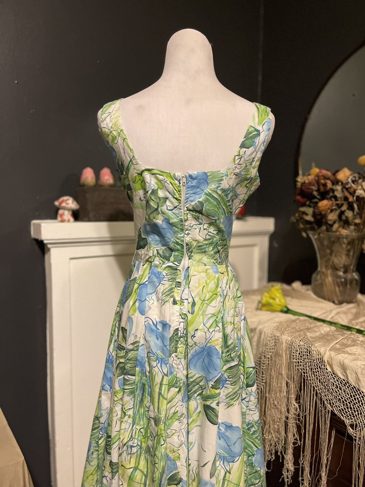 1950’s Vintage Water Color Floral Summer Dress Blues Greens