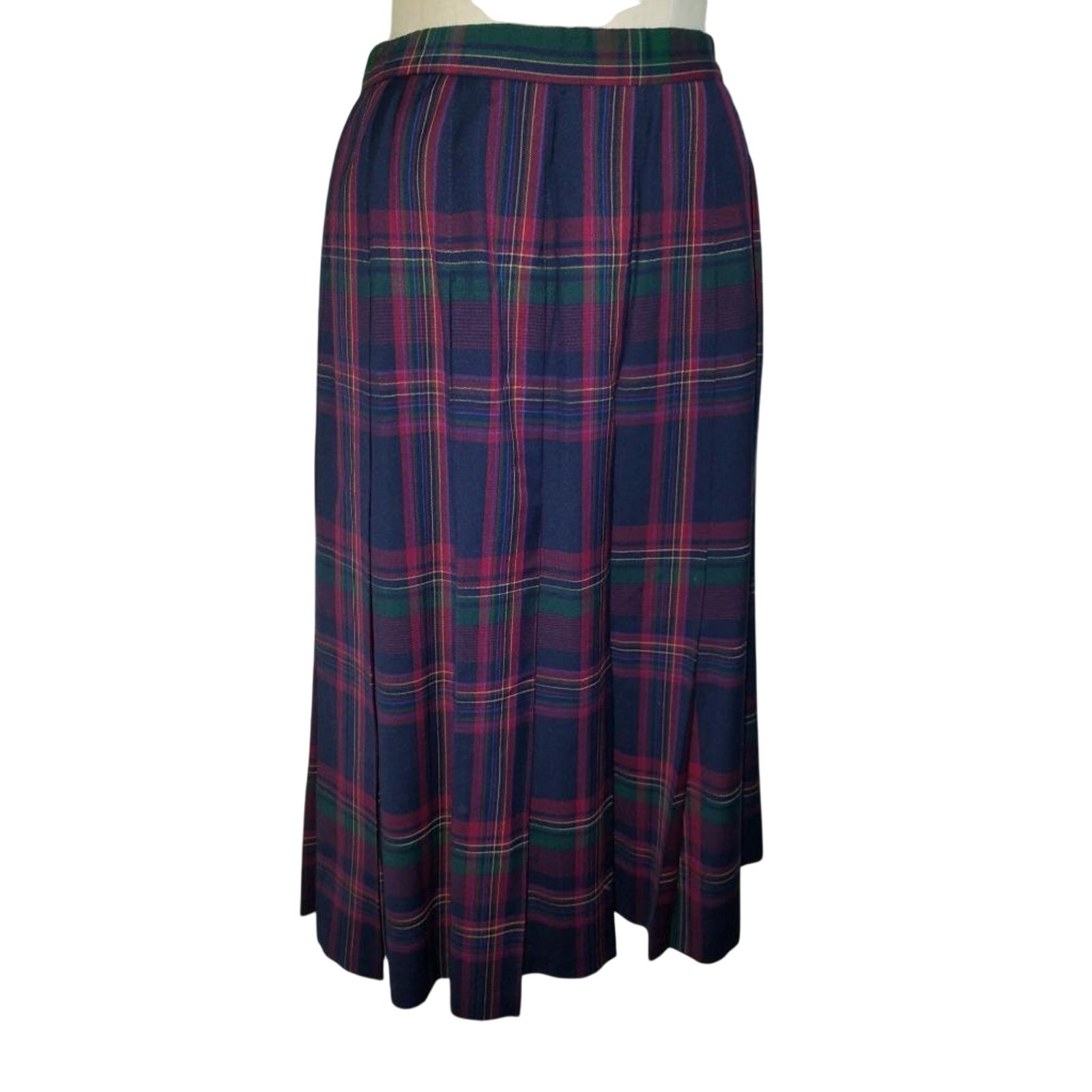 Pendleton 100% Wool Tartan Plaid Midi Skirt Drop Pleated Red Green Navy USA