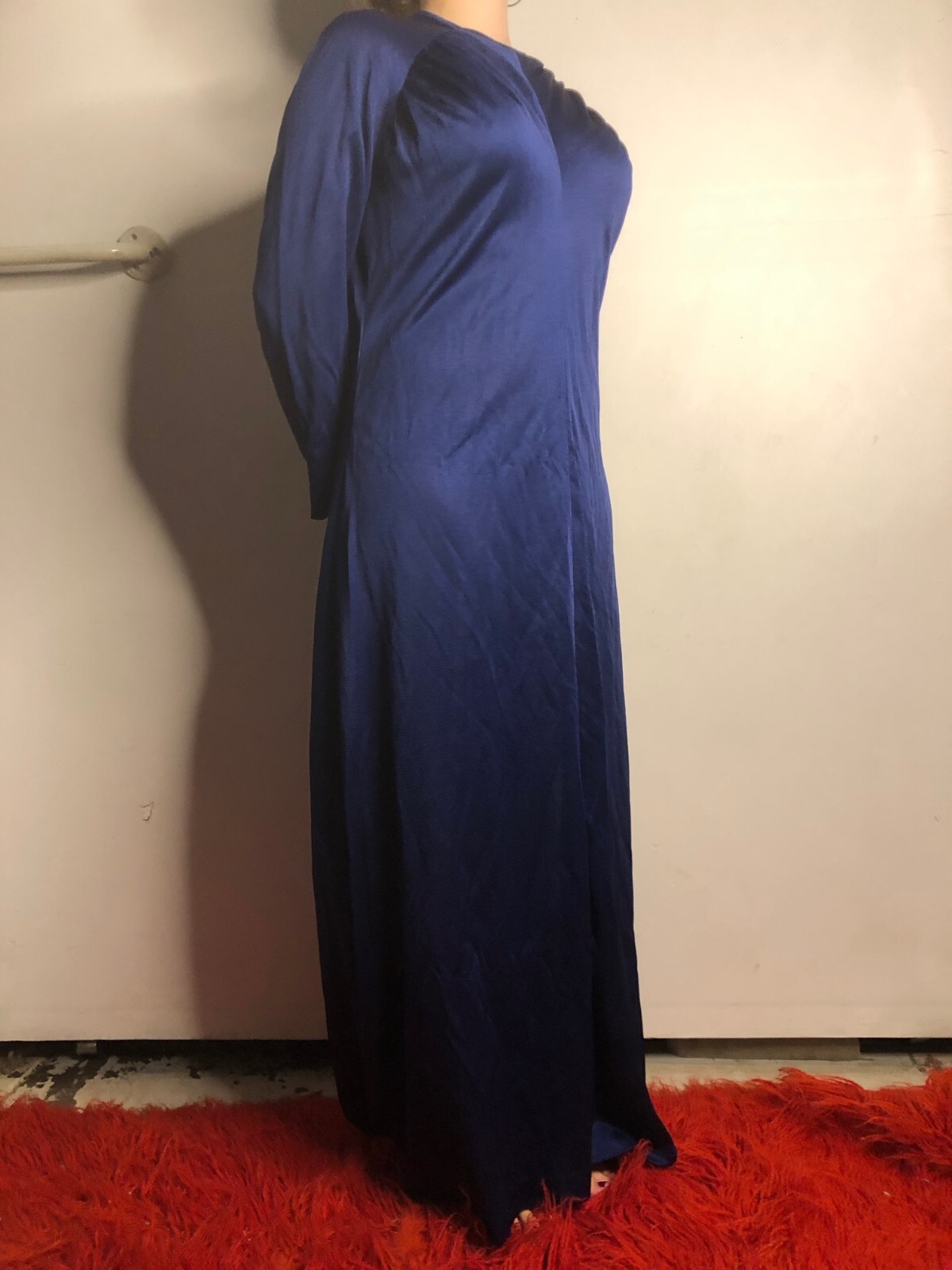 Vintage 1970s US Papillon Navy Blue Maxi Dress Polyester Grannycore AU 12 14 40″