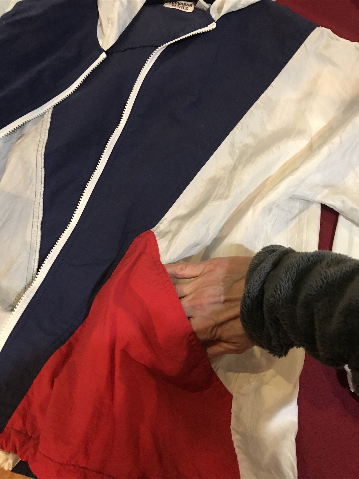 USA Windbreaker Sailing Nautical Red White Blue zip Up Cinch Tie Hem Med Vintage