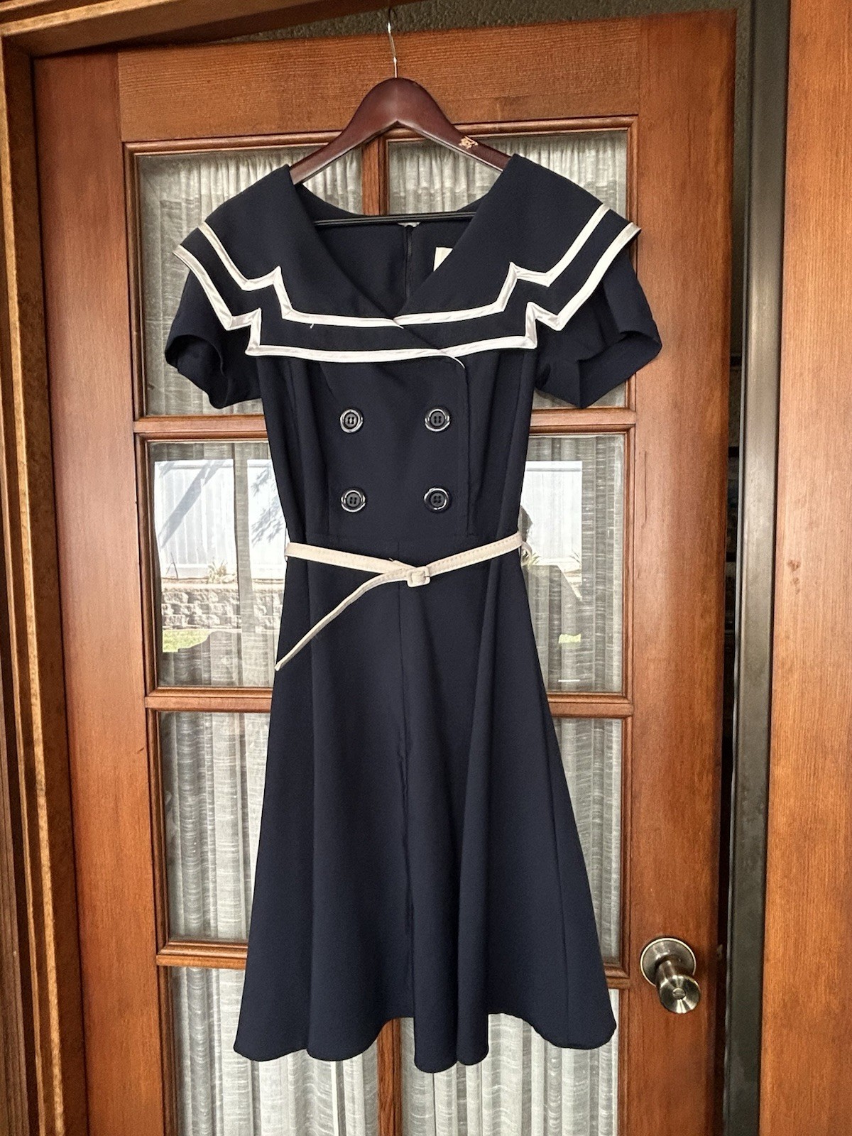 Bettie Page Retro Inspired Navy Blue pinup Sailor dress. Petite Length.
