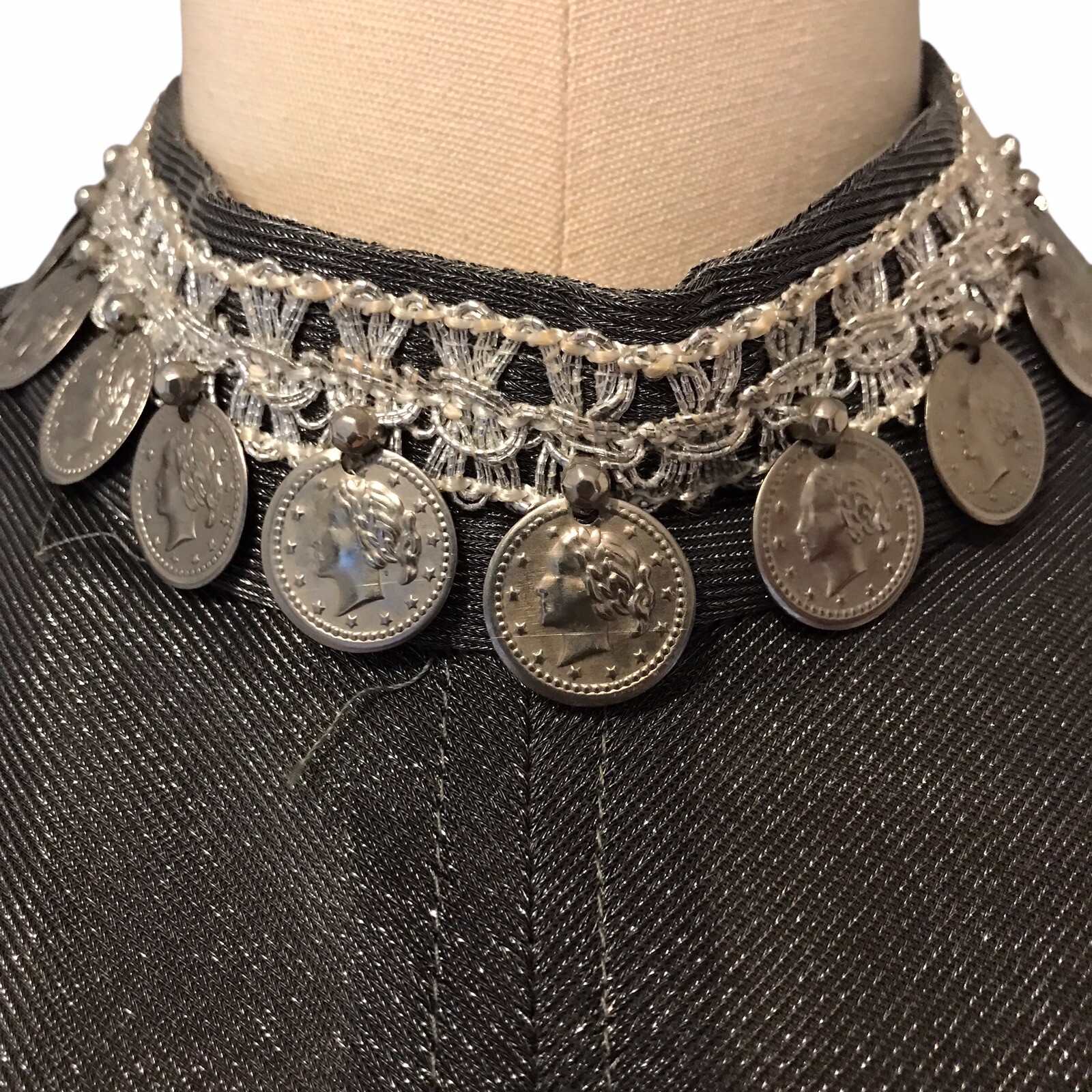 VTG 80’s Pewter Maxi Evening Dress Stunning Coin Medallions Classic Modern Sz 8