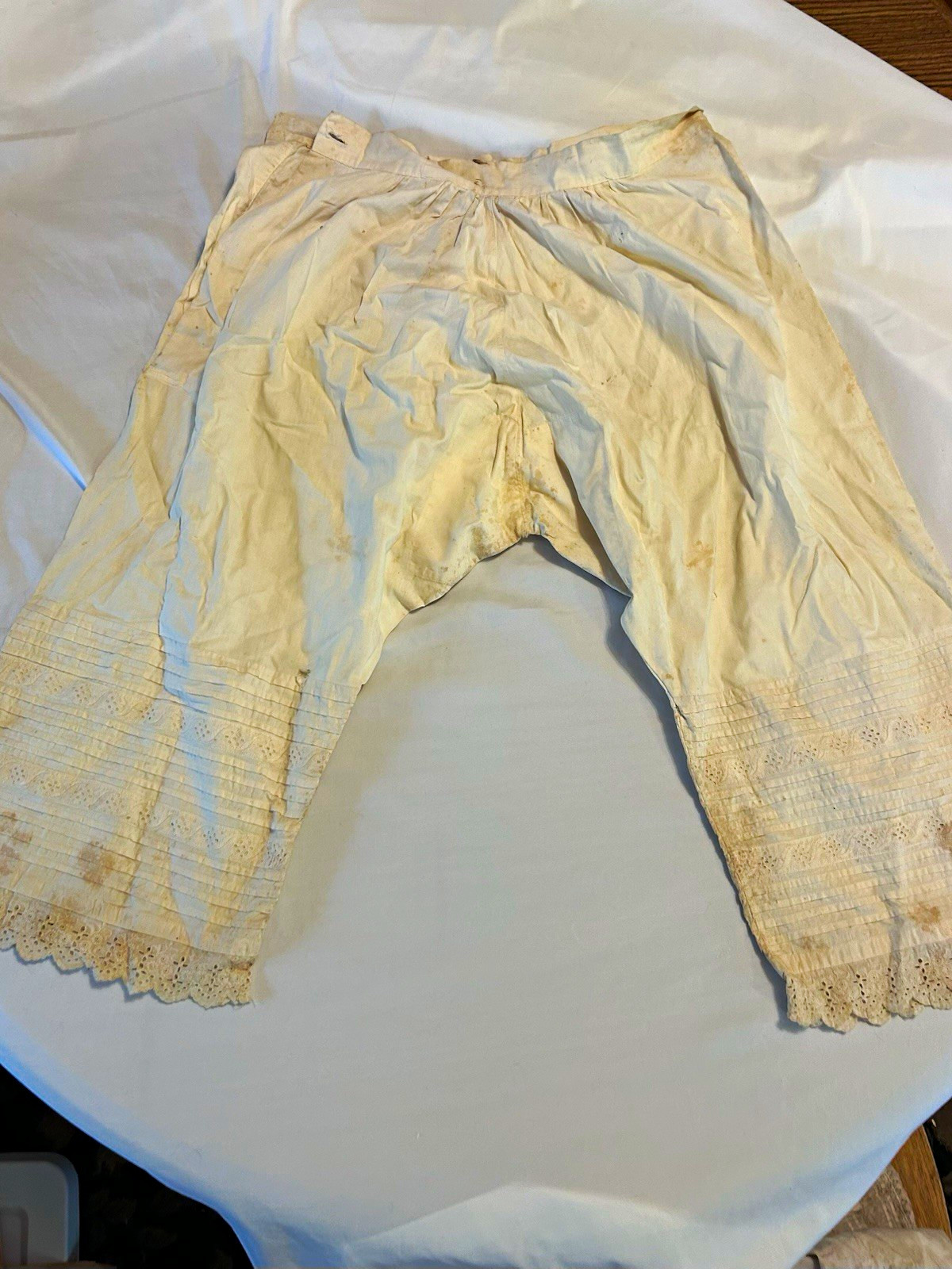 Vintage White Cotton Bloomers Long Underpants with Eyelet Lace Trim