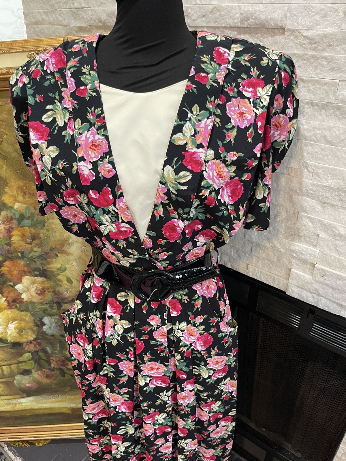 VTG 80s Cottage Core Trad Wife Floral Party Belted Day Dress Modest Size 1