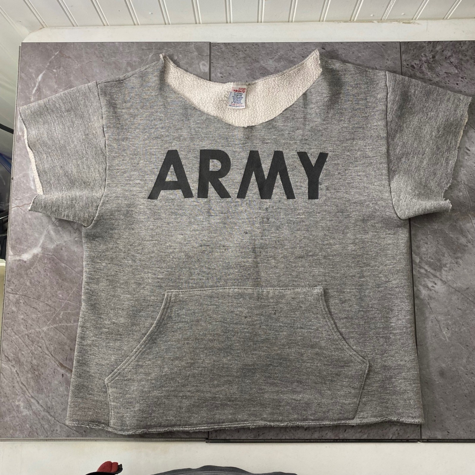 Vintage Russell Super Weights Army Sweatshirt Gray Cut Off Short Sleeve M 38-40