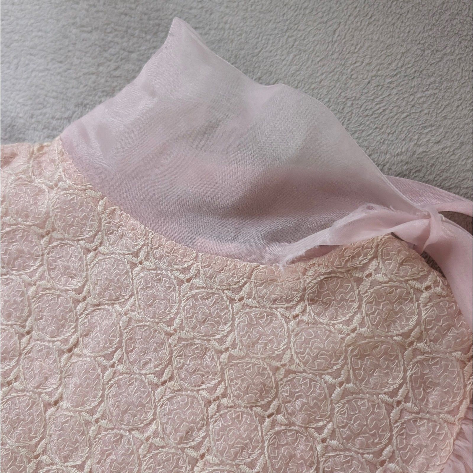 Vintage Chiffon Lace Puff Sleeve Blouse Girl’s/Women’s XXS Light Pastel Pink