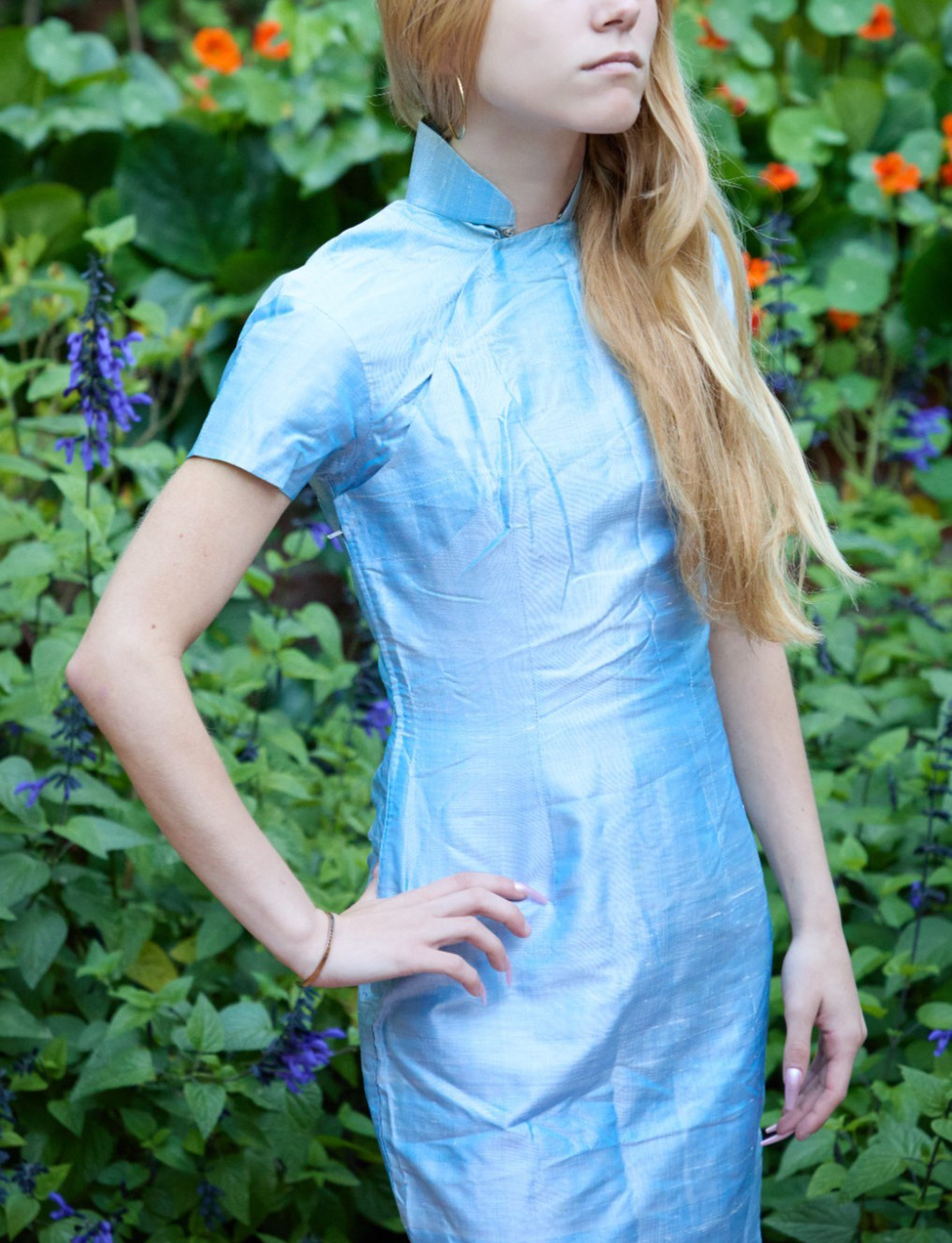 Vintage 60s XXS Handmade Silk Dupioni Cheongsam Dress Blue