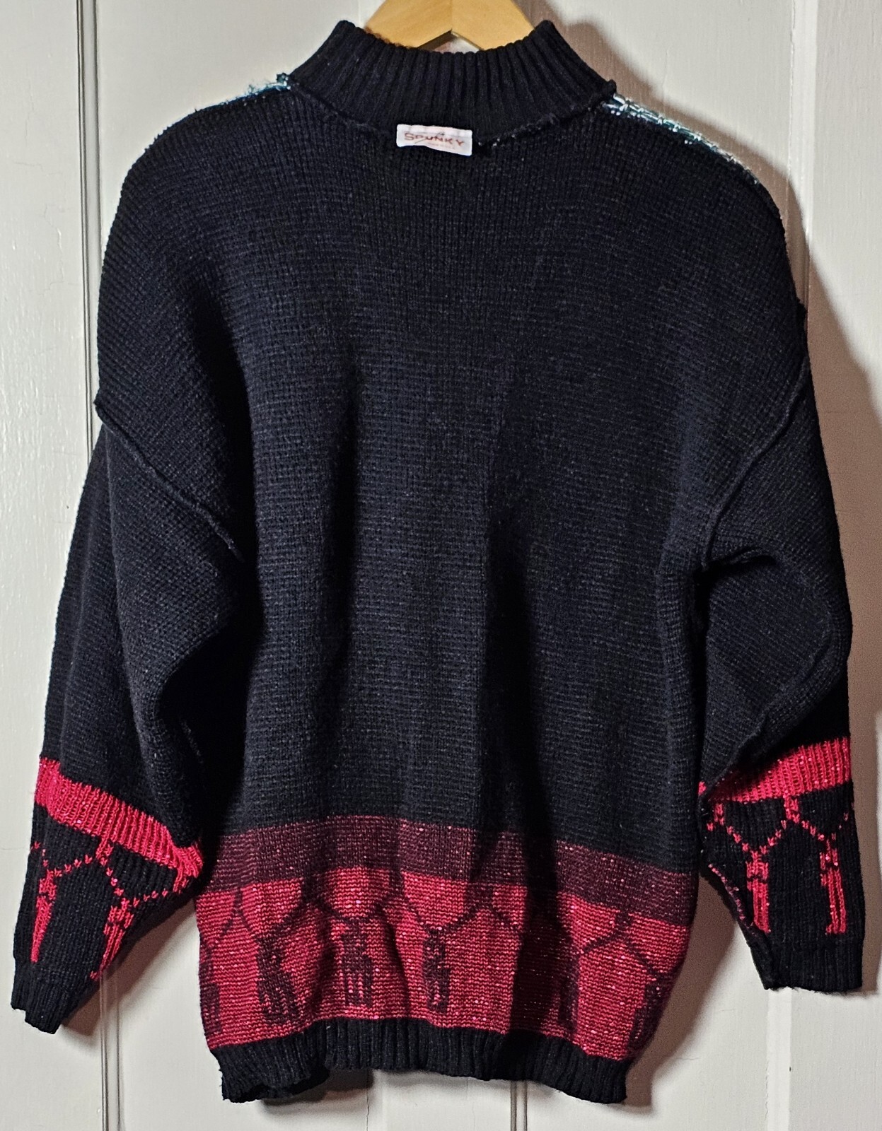VTG SPUNKY Ugly Sweater Women L Black Red Metallic Whimsygoth White Spooky Cat