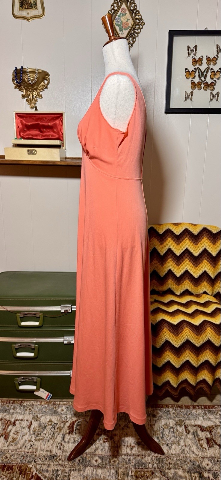 Vintage 70s Coral Empire Waist Maxi Dress Sleeveless Disco Boho Womens S M