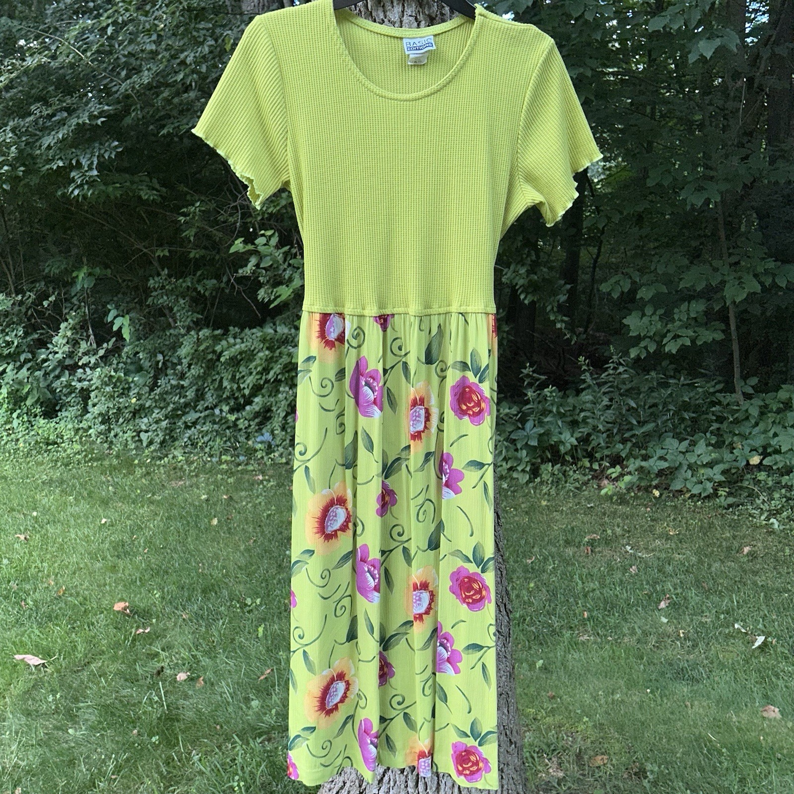 Vintage 90s Basic Editions Lime Green Waffle Knit Floral Midi Dress