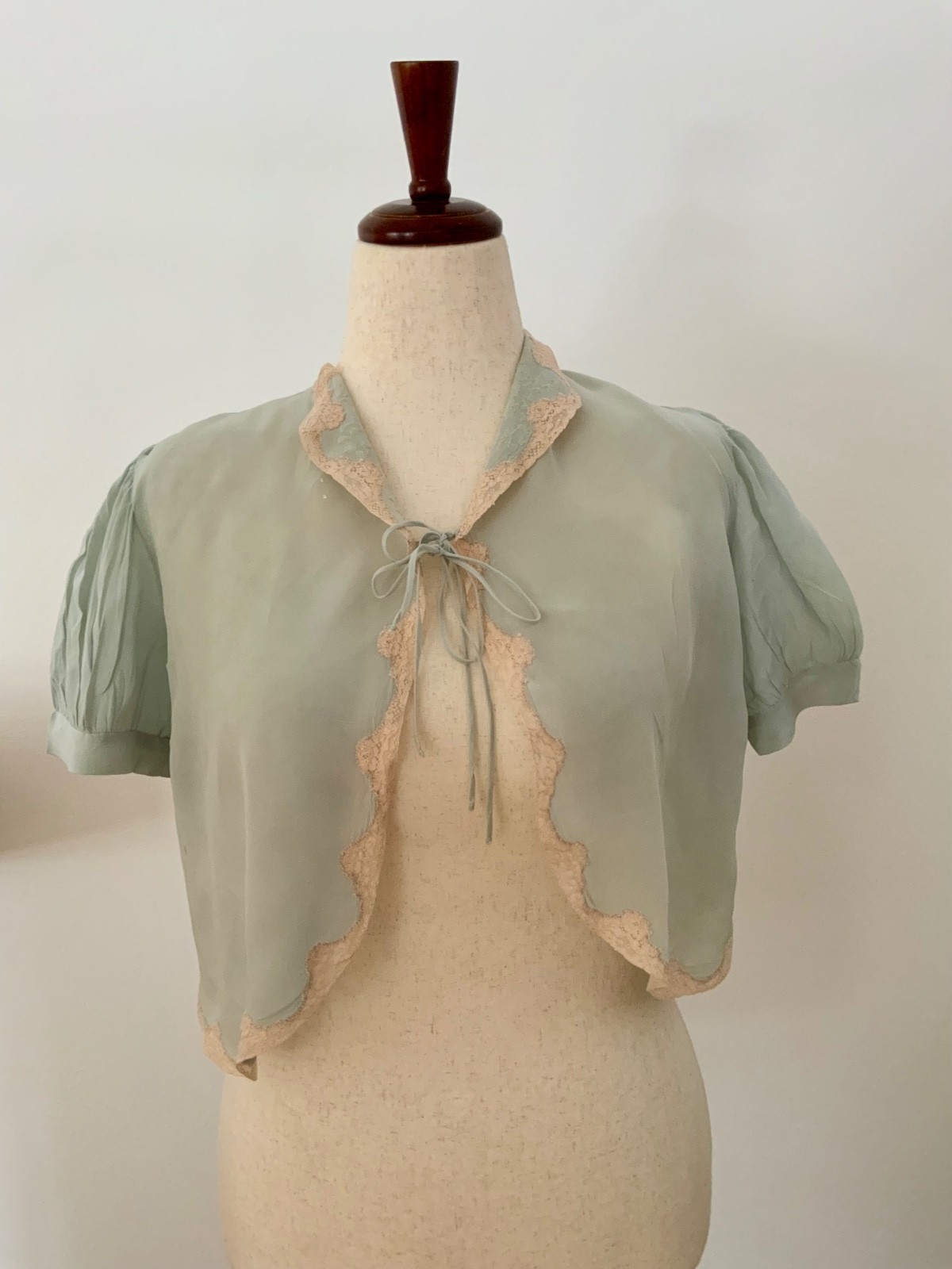 1930s Silk Chiffon Bed Jacket with Blush Lace | Antique Boudoir Blouse-Aqua