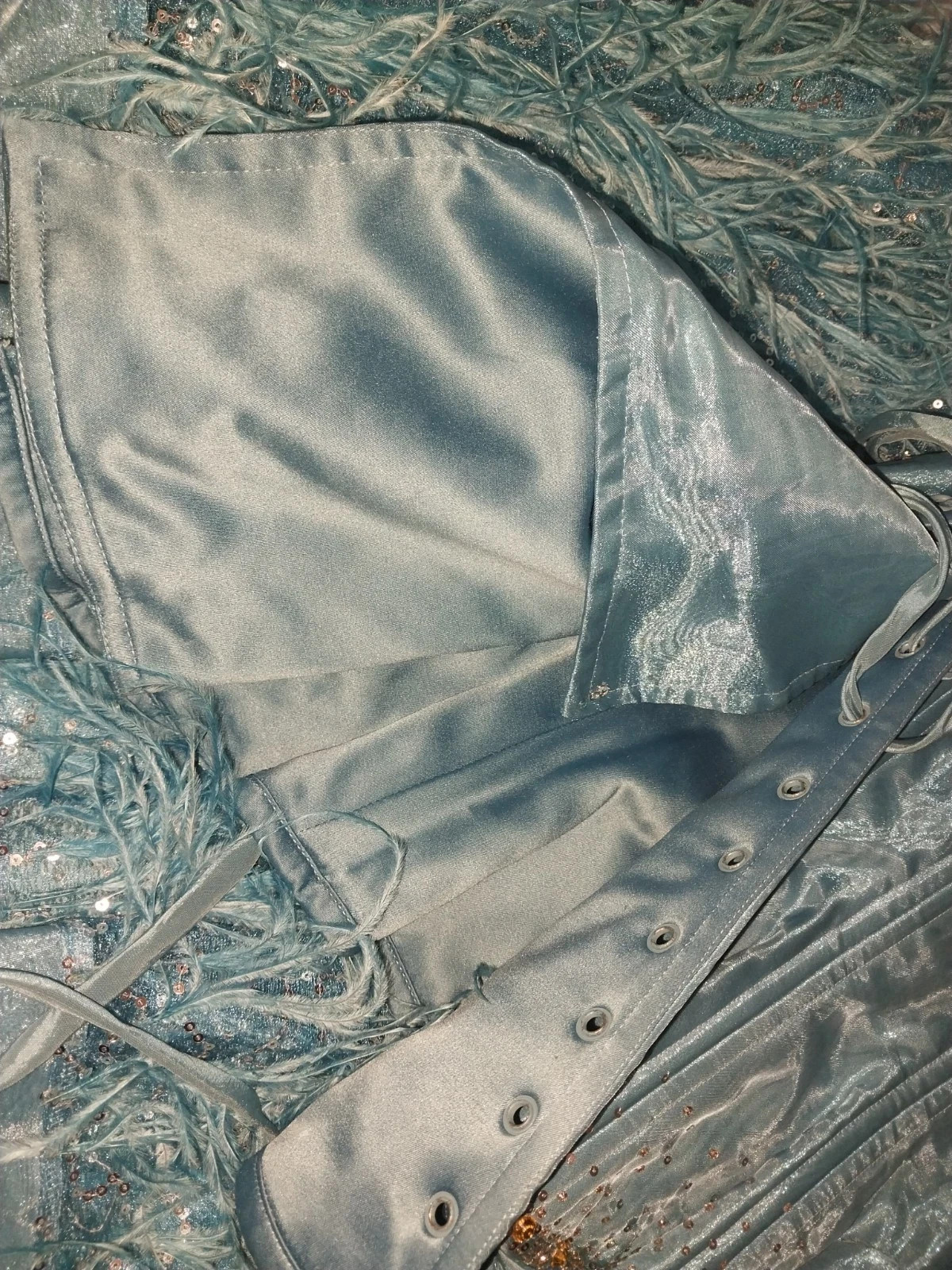 VTG Satin Burlesque Corset SHOW GIRL Skirt Set Drag AVANT La Cage Blue Dress