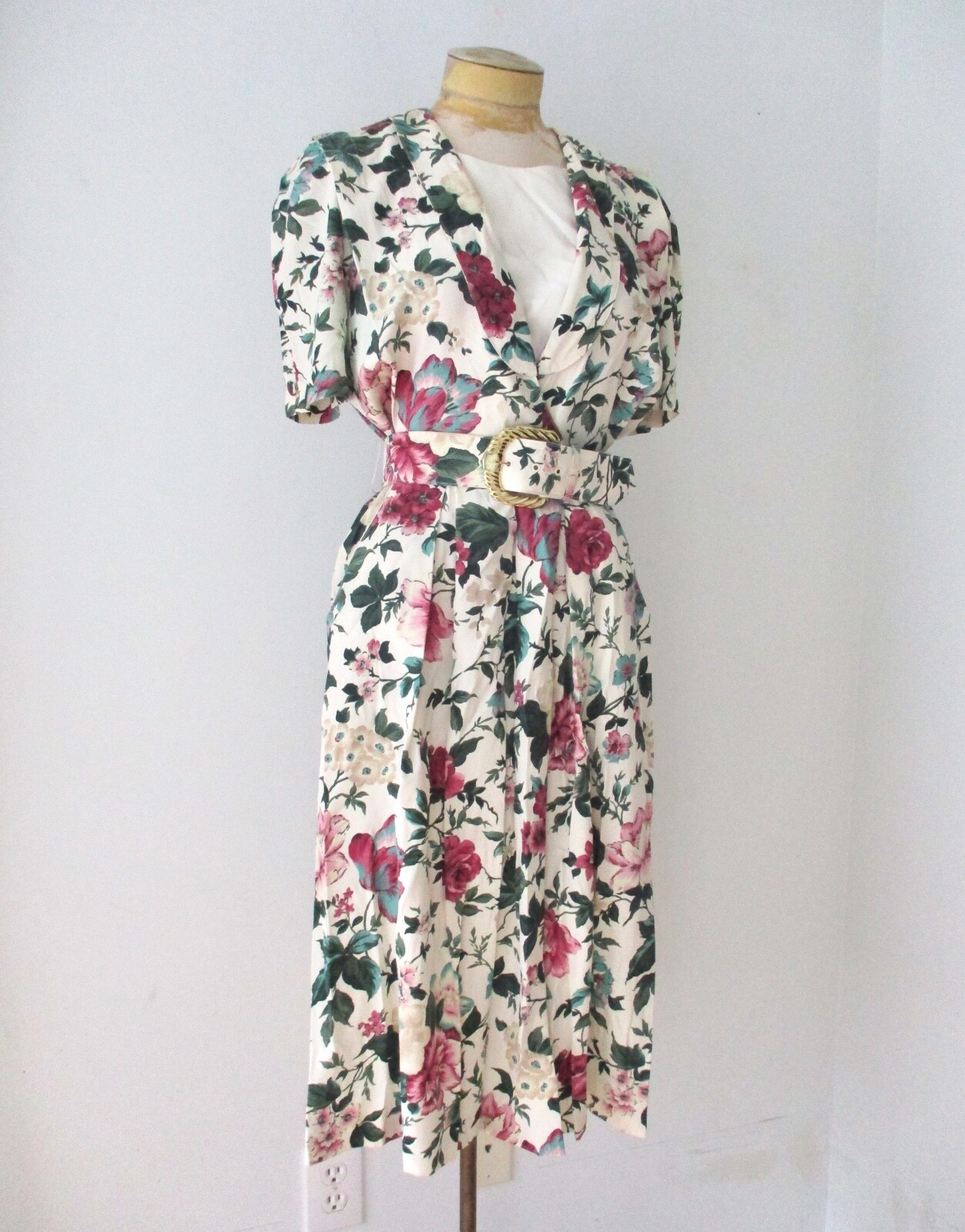 Vtg 80s purple rose floral modest tea garden party dress wide belt pockets S