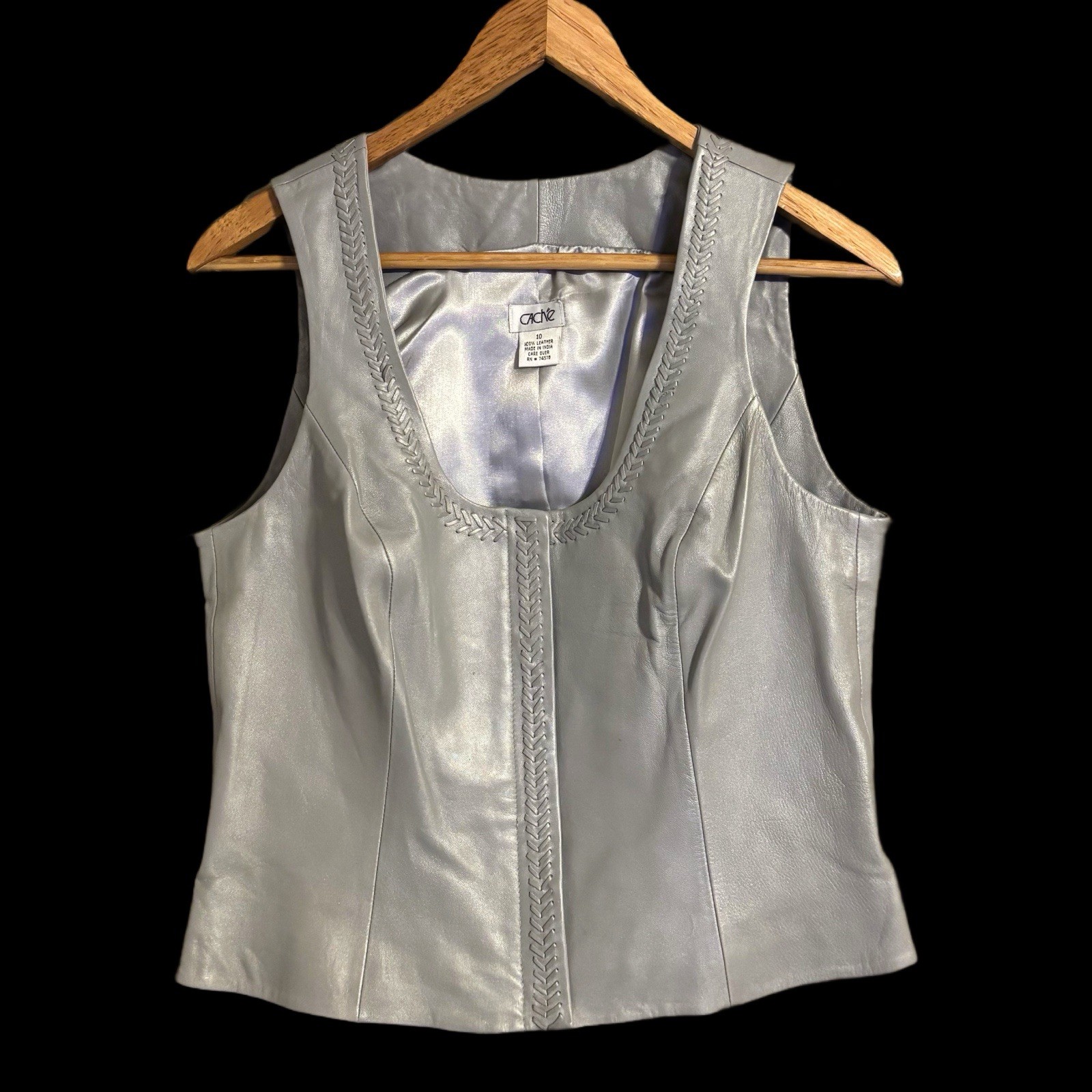 Vintage Y2K Caché Silver/Gray Leather Satin Lined Hidden Zipper Vest Size 10