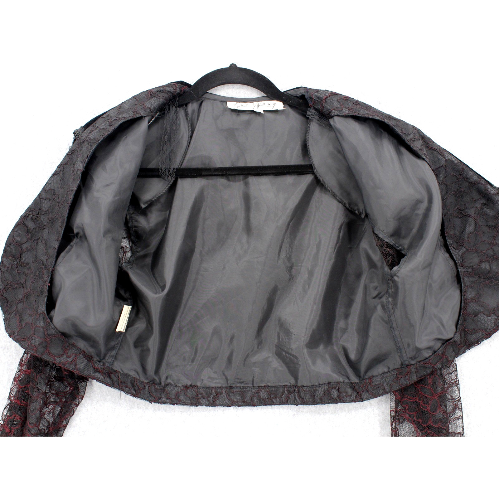 Sue Wong Bolero Jacket Medium Black Burgundy Lace Velvet Sequin Beaded Fringe