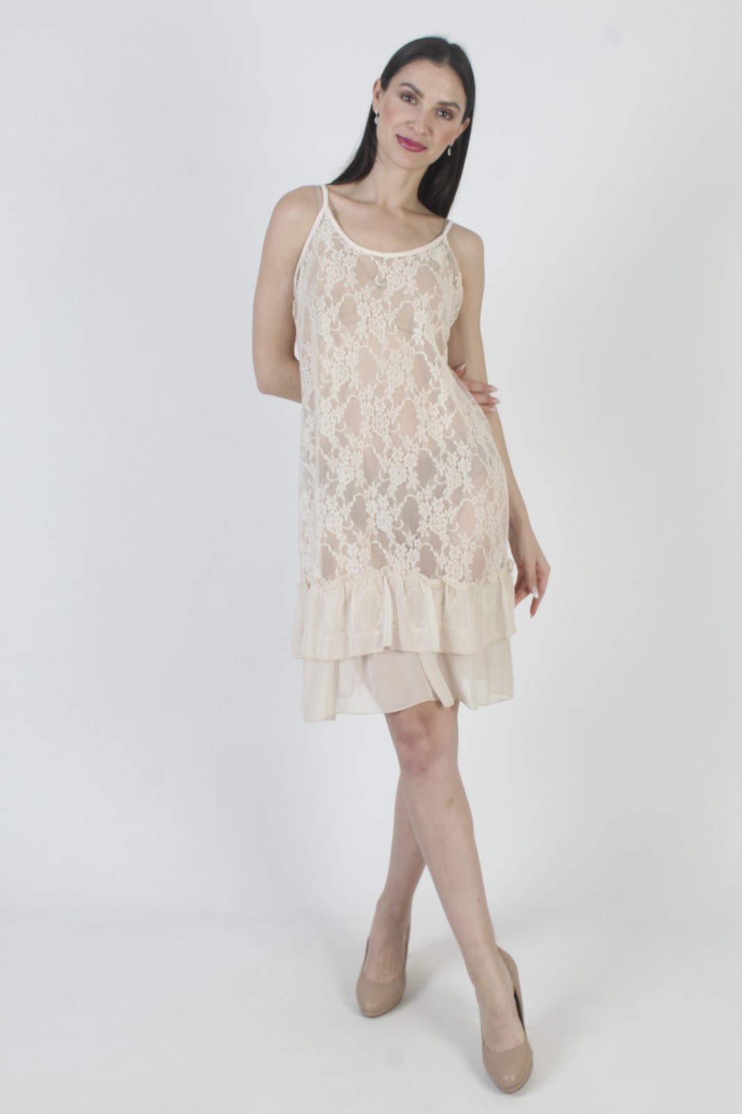 Vtg Victorian Lace Dress Cream Sheer Edwardian Antique See Through Midi Slip