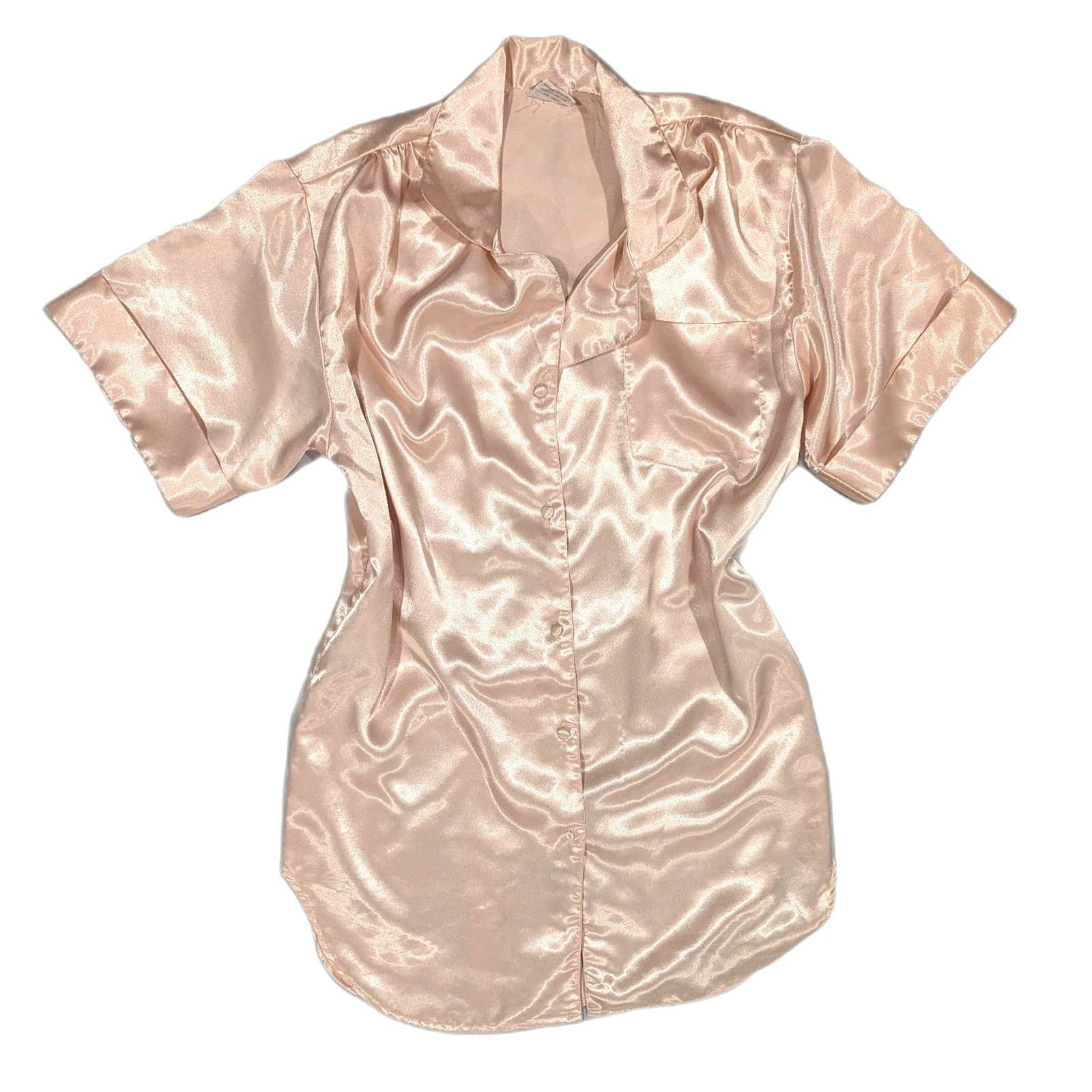 Vtg 50s Charmeuse Satin Nightgown MiniDress M Pink Silky Lingerie Mermaid Soft
