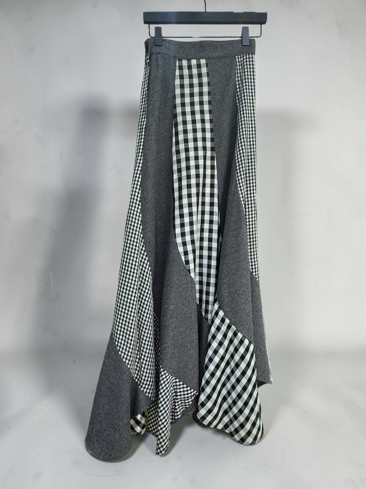 Vintage 70’s ARTBRO Black & White Plaid Check Gray Wool Patchwork Maxi Skirt Sml