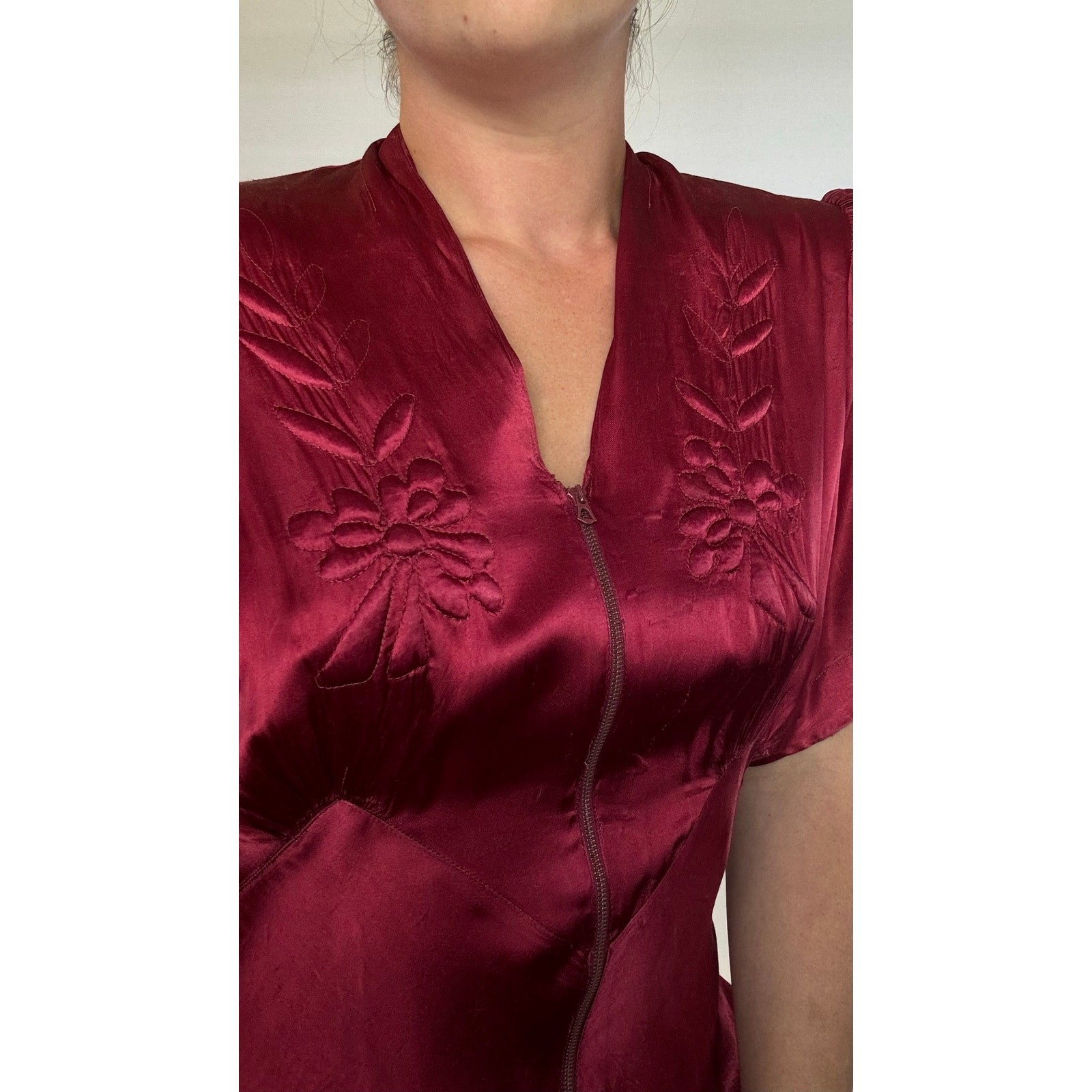 Vintage 1930s Liquid Satin Gown Quilted Floral Bias Cut Maroon Lounge Dress Gown