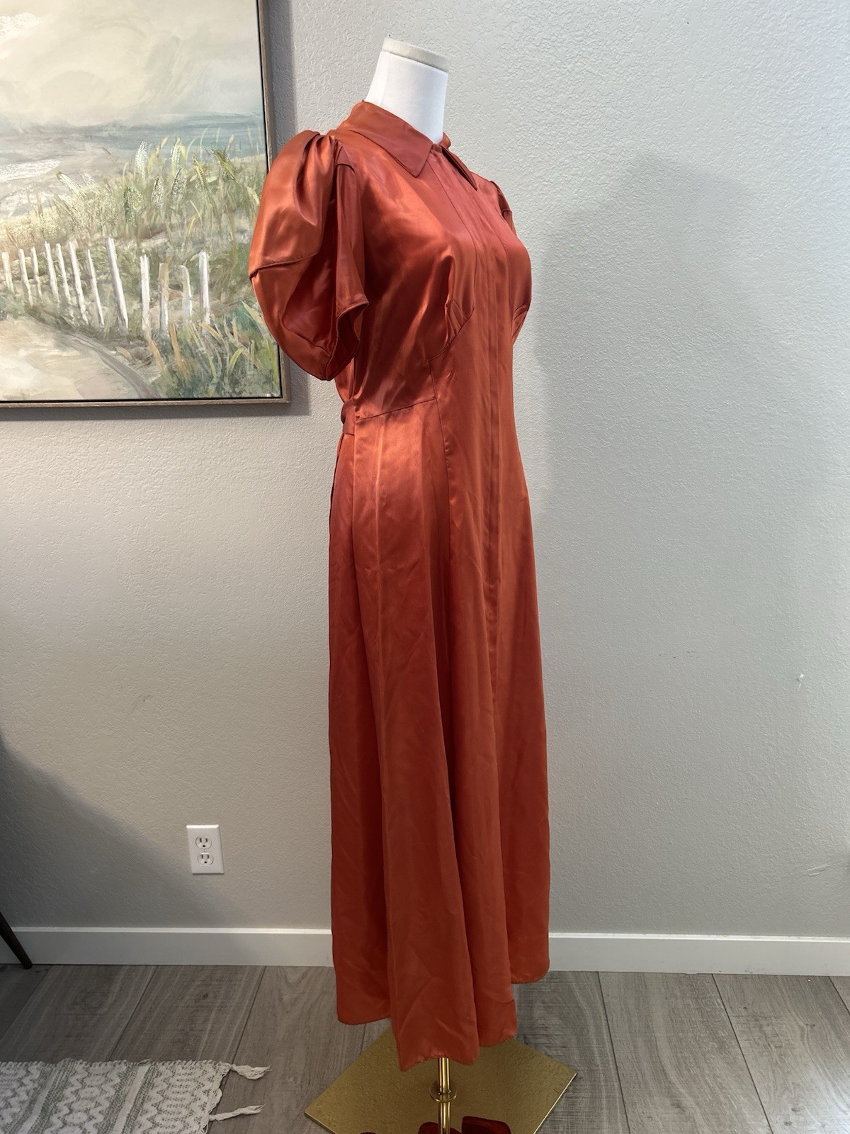 Vintage 1930’s Burnt Orange Satin Puff Sleeves Maxi Dress Dramatic XS/S
