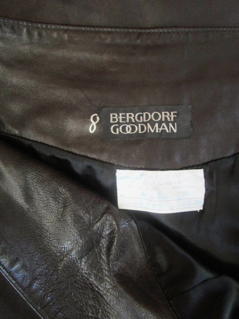 M Bergdorf Goodman Black Leather Pencil Skirt 1980s Cummerbund Slash Pockets