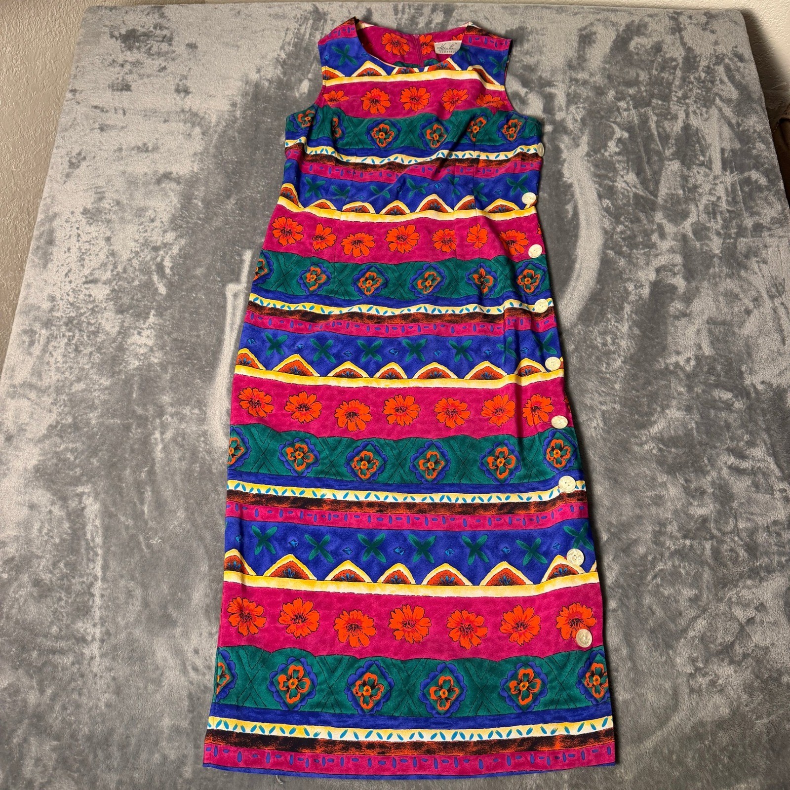 Vintage Kathie Lee SZ 8 Multi Color Floral Geometric Button Dress Side Slit