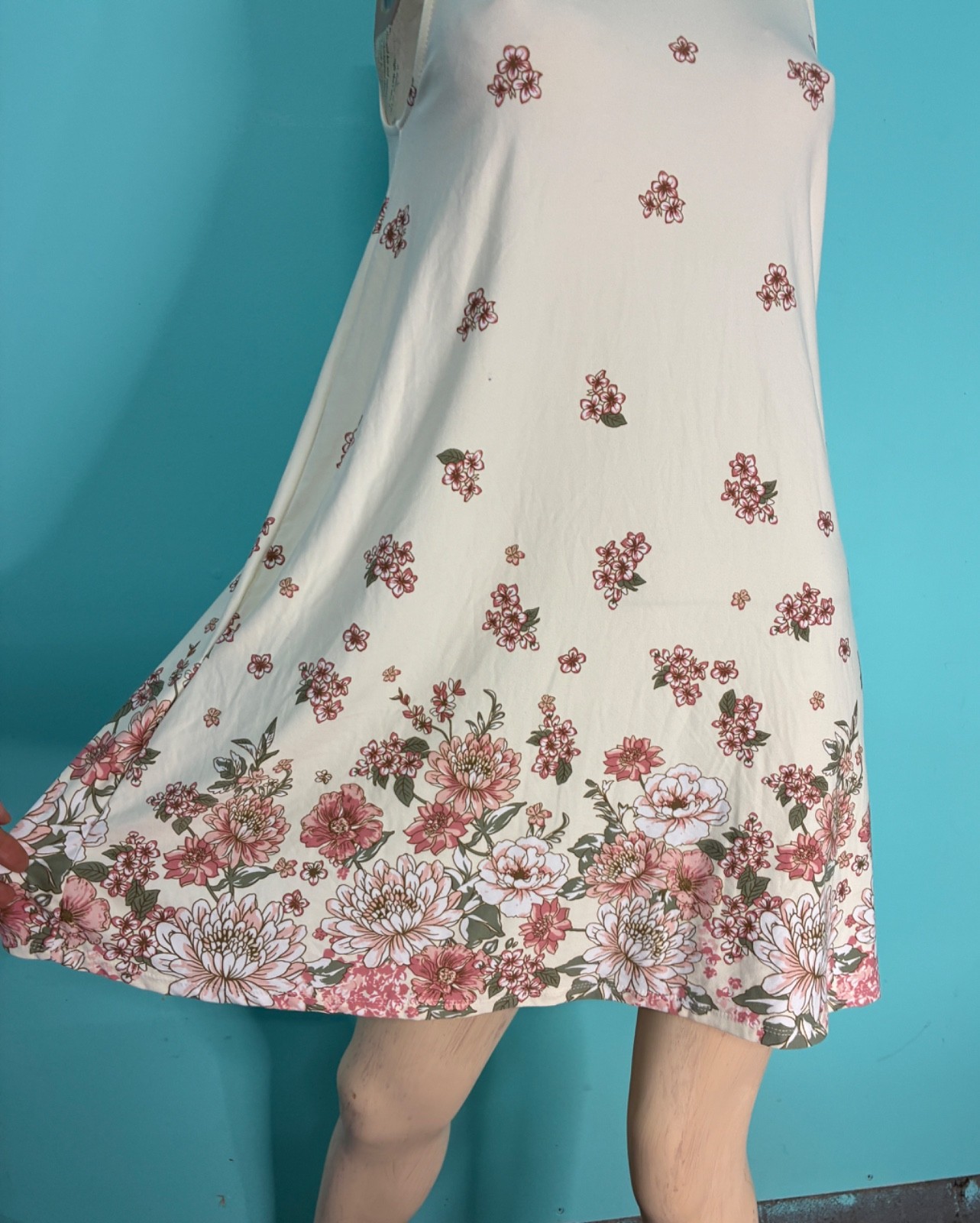 VTG Y2K Ivory White Mauve Pink Floral Print Knit Sleeveless Baby Doll Sundress~M