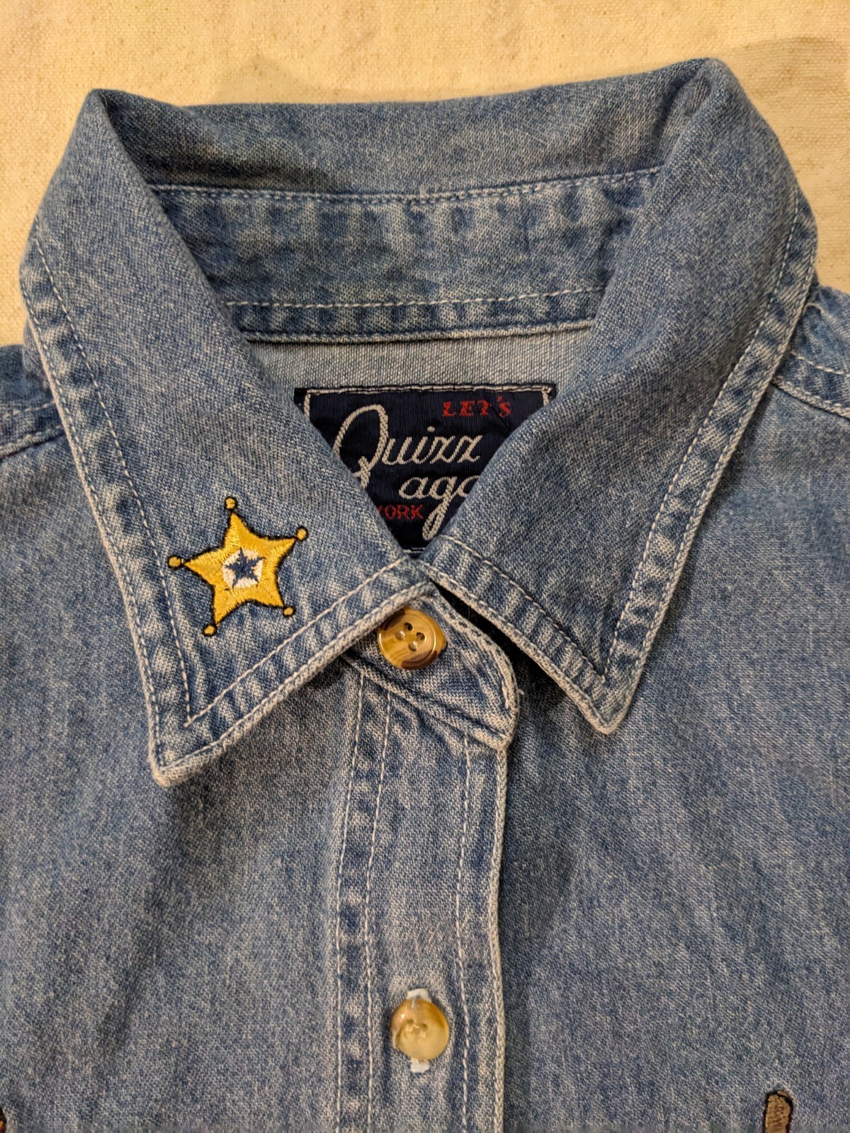 Vintage Let’s Quizz Again Embroidered Button Up Denim Shirt Cowboy Teddy Bears M
