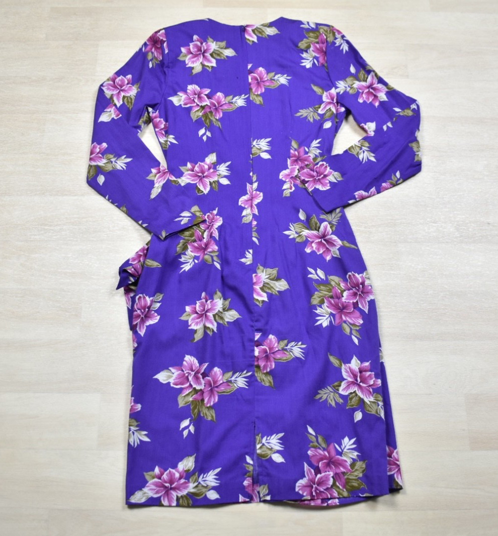 90s Stephan Hawaiian Tropical Print Midi Dress Rayon Beach Purple Floral 10 VTG