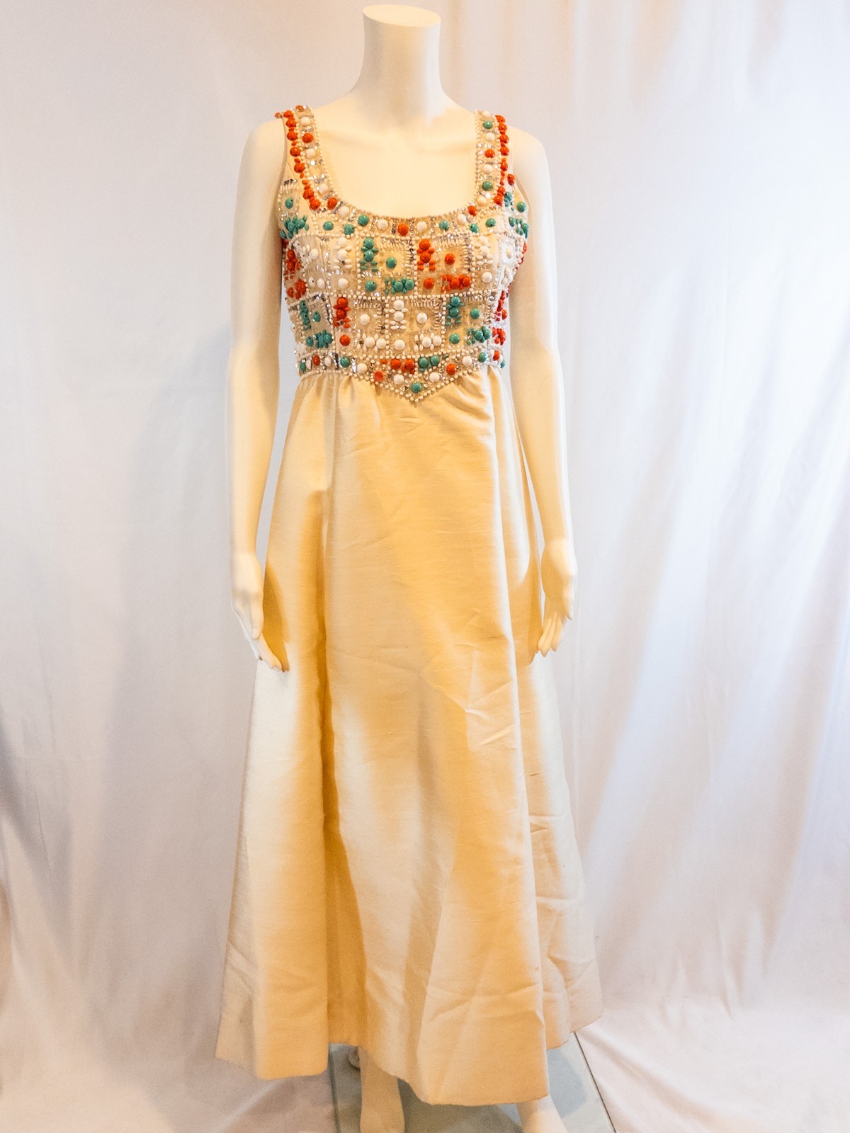 Gino Charles Neiman Marcus 60s Vintage Turquoise, Coral Beaded Ivory Silk Gown