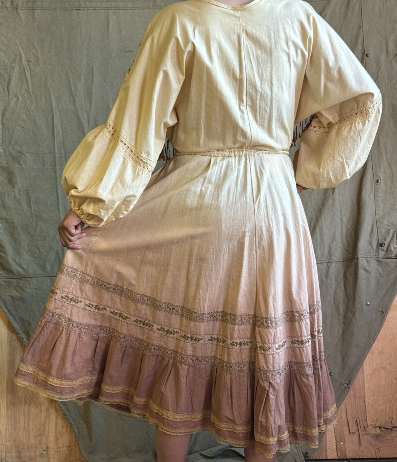 Vintage Western Boho Folk Flowy Dress Elastic Waist 30 READ