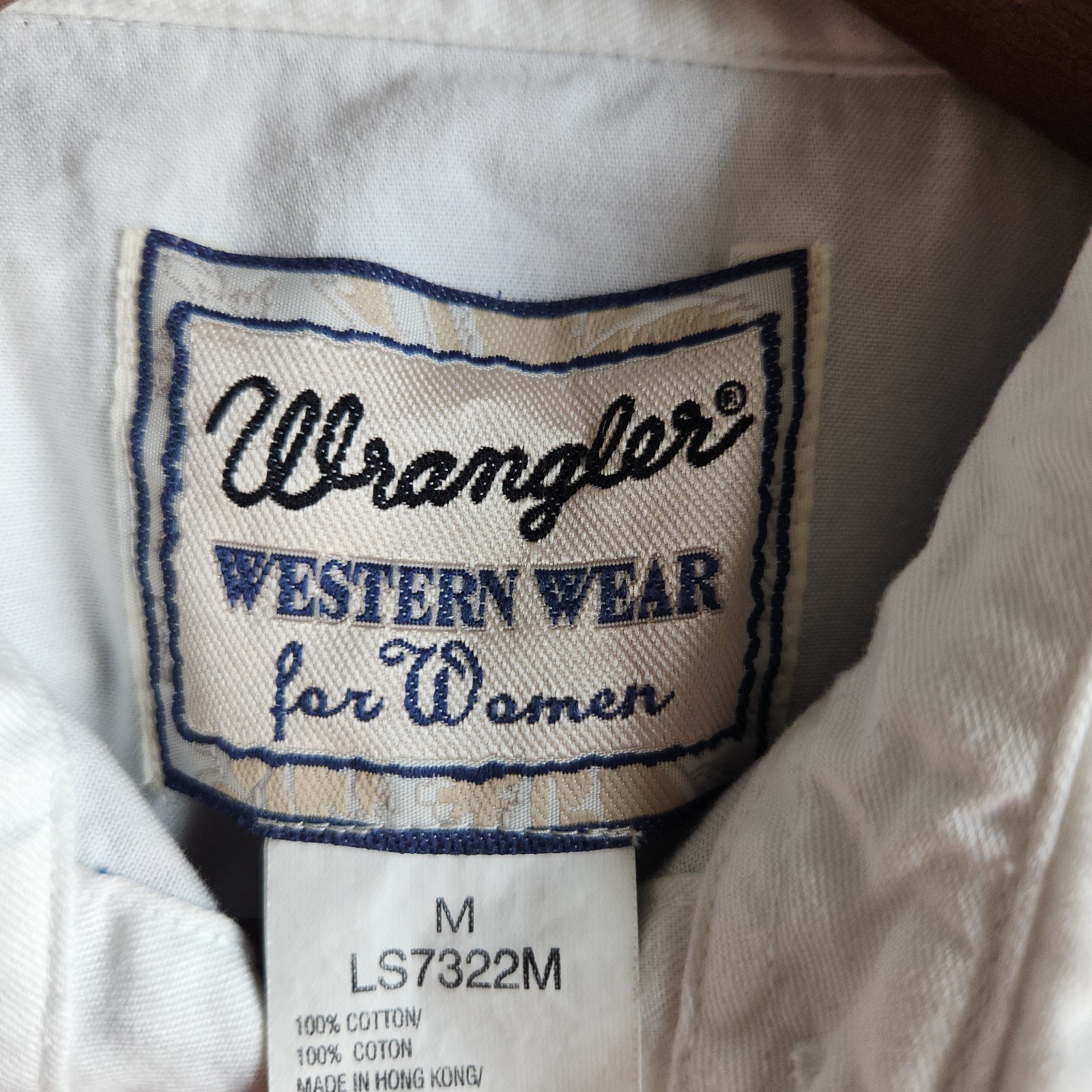 Vtg Wrangler Western Wear Women M Shirt Blue White Embroidered Contrast Yoke 90s