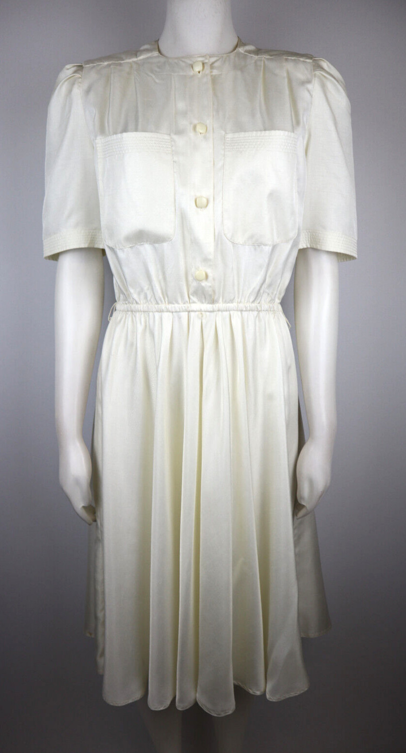 Leslie Fay Vintage Women’s Shirt Dress Size 8P Ivory White Short Sleeve A-Line