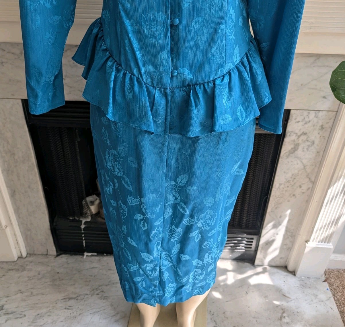 Vintage 80s Blue Teal Peplum Midi Dress Size 12 Floral Jacquard Drop Waist