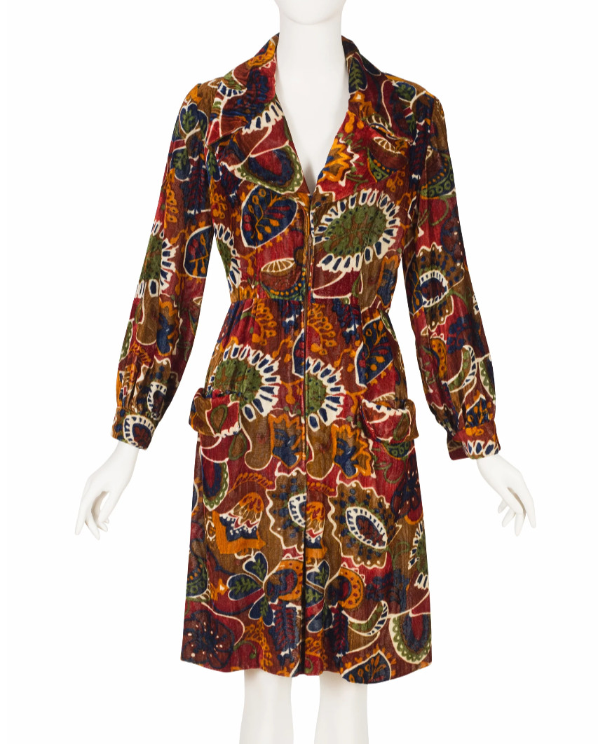 Bill Blass Maurice Rentner 1960s Vintage Printed Velvet Pointed Collar Dress XS