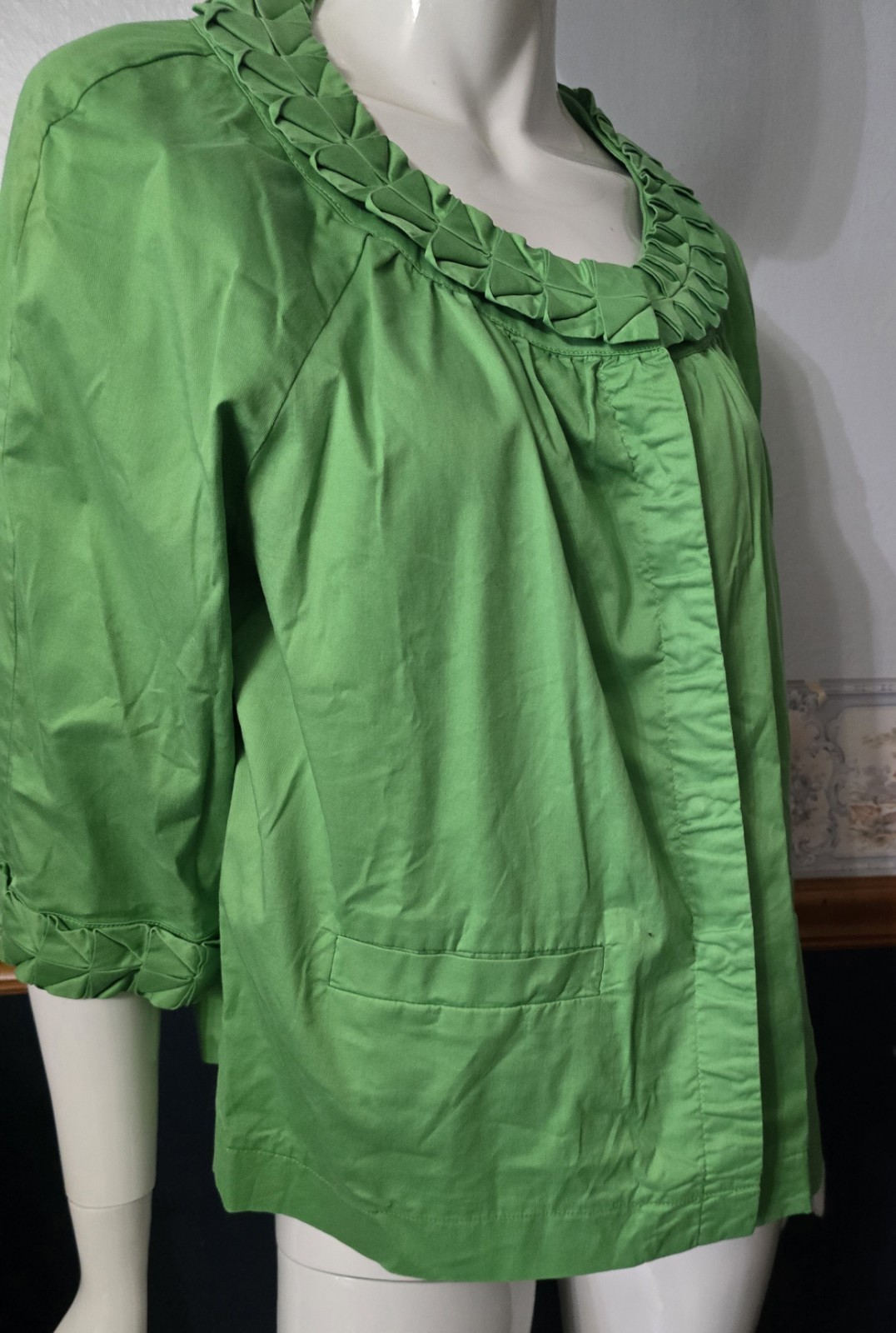 SIMPLY Chloe Dao Green Pleated Collar Jacket 1X Plus Size Cotton Stretch