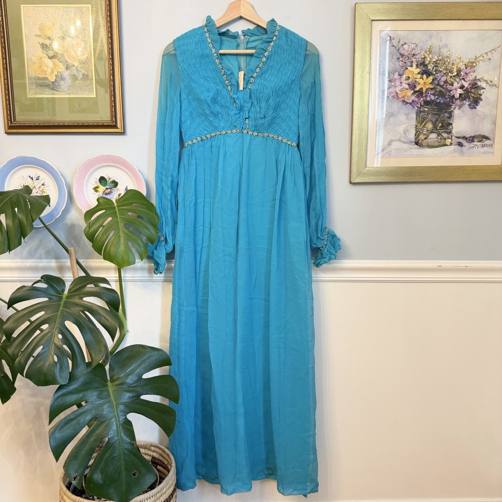 Vintage 70s Teal Chiffon Maxi Dress Size XS Bridesmaid Twiggy Retro MCM 60s Gown