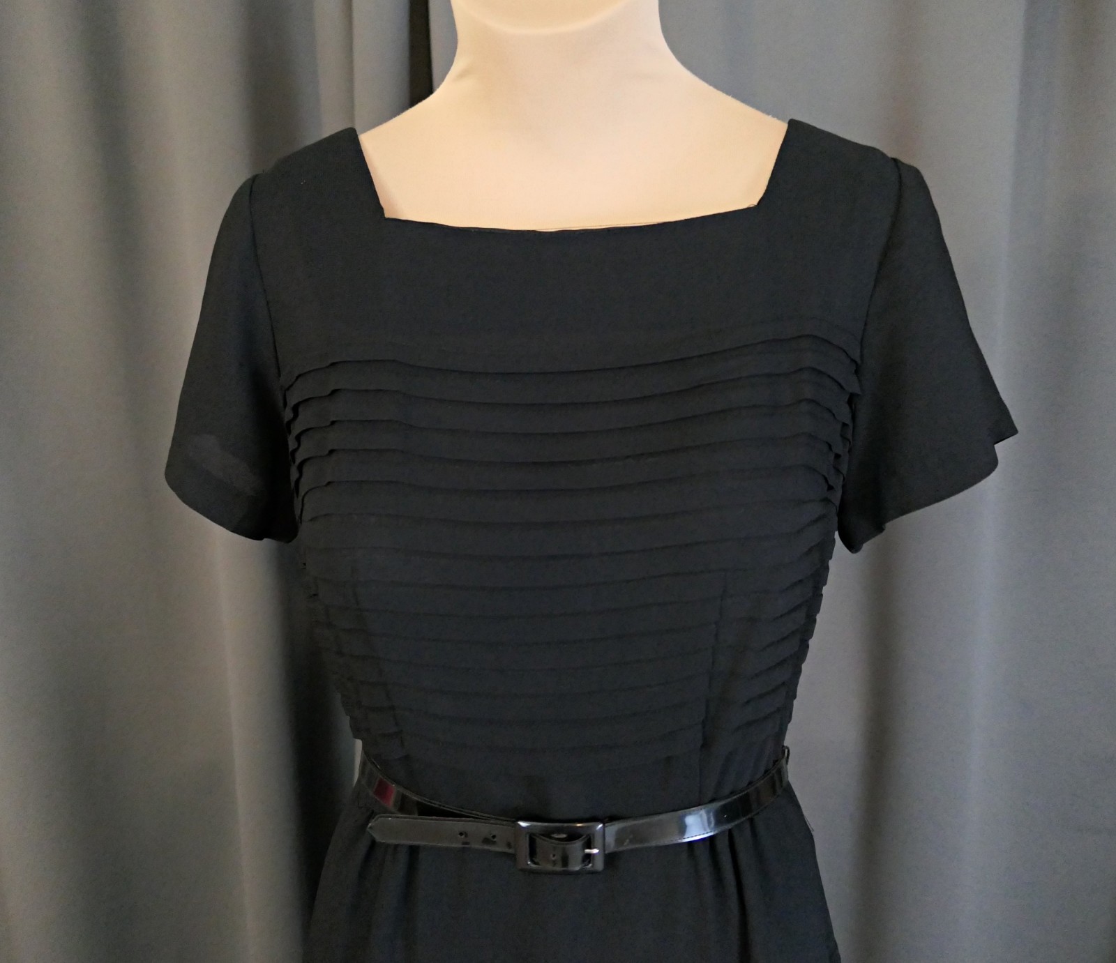 Vintage 1950s Black Pleated Dress, Hourglass Fitted, Gloria Swanson, 35 bust
