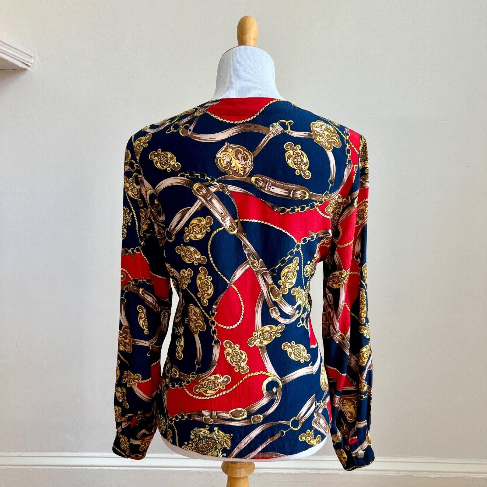 Vintage 90s Stephanie Andrews Silk Shirt Equestrian Print Blouse Navy Red M