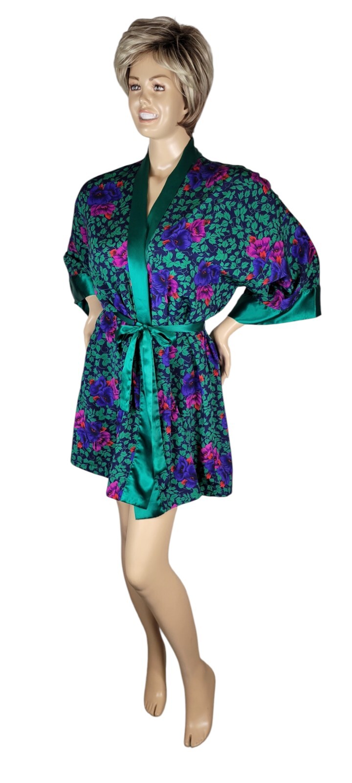 Vtg Victoria’s Secret Gold Label Poly Satin Green Purple Pink Red Floral Robe OS