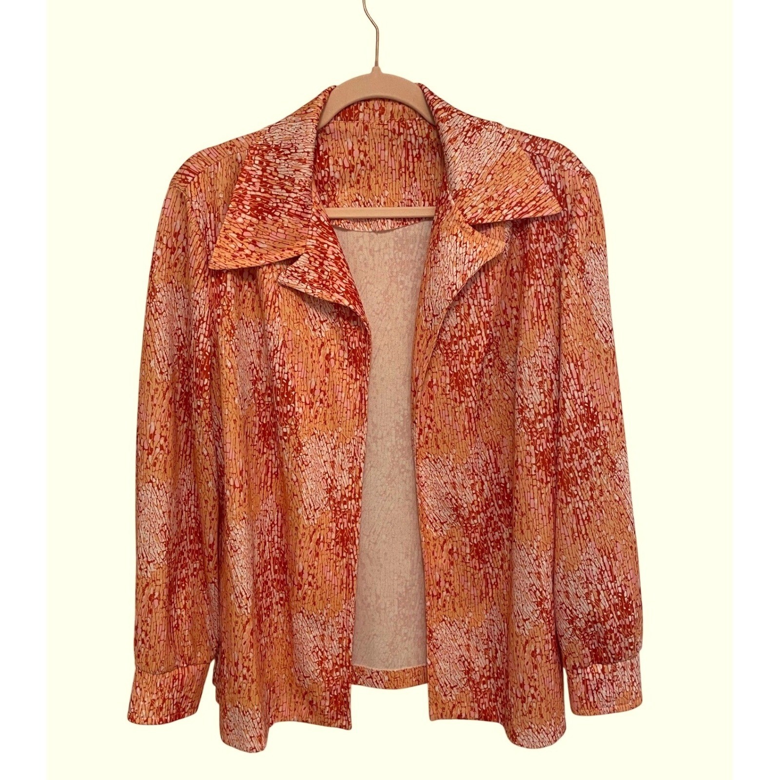 Vintage 70s Jacket Handmade Abstract Mosaic Print Orange Pink Polyester Large