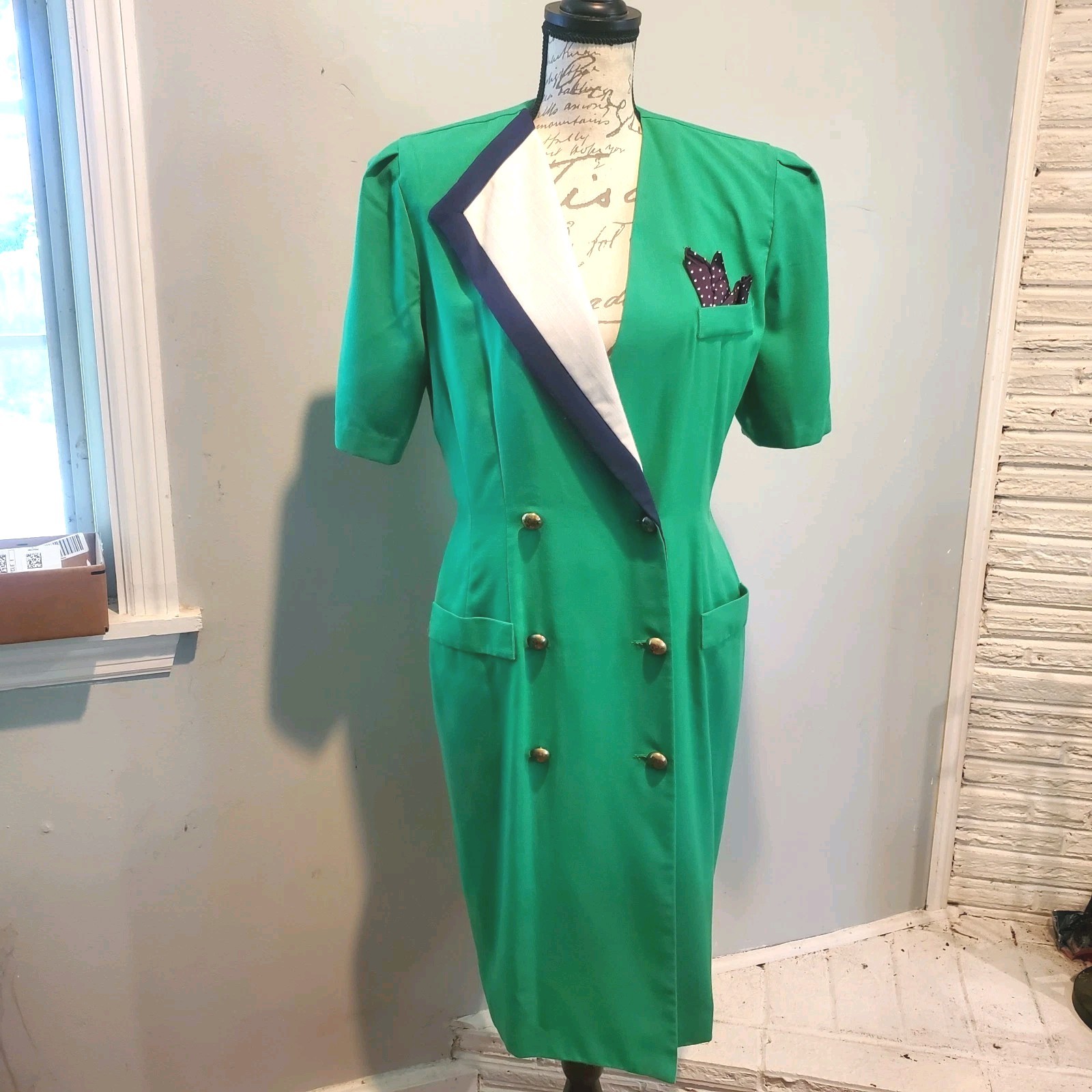 Vintage 80s Danny & Nicole Asymmetric Tuxedo Blazer Dress Green Midi Sz8