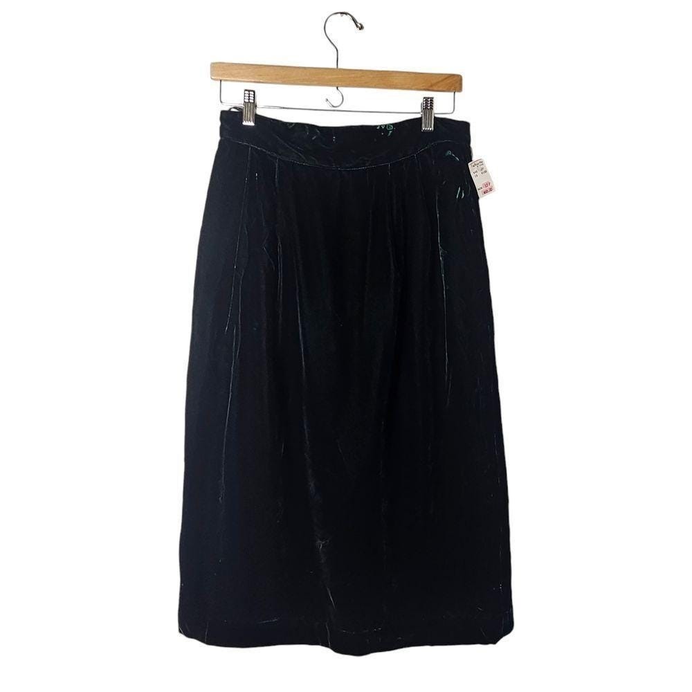 VTG Deadstock Forest Green Velvet Pencil Skirt 12 Petite Dark Academia 90s ~