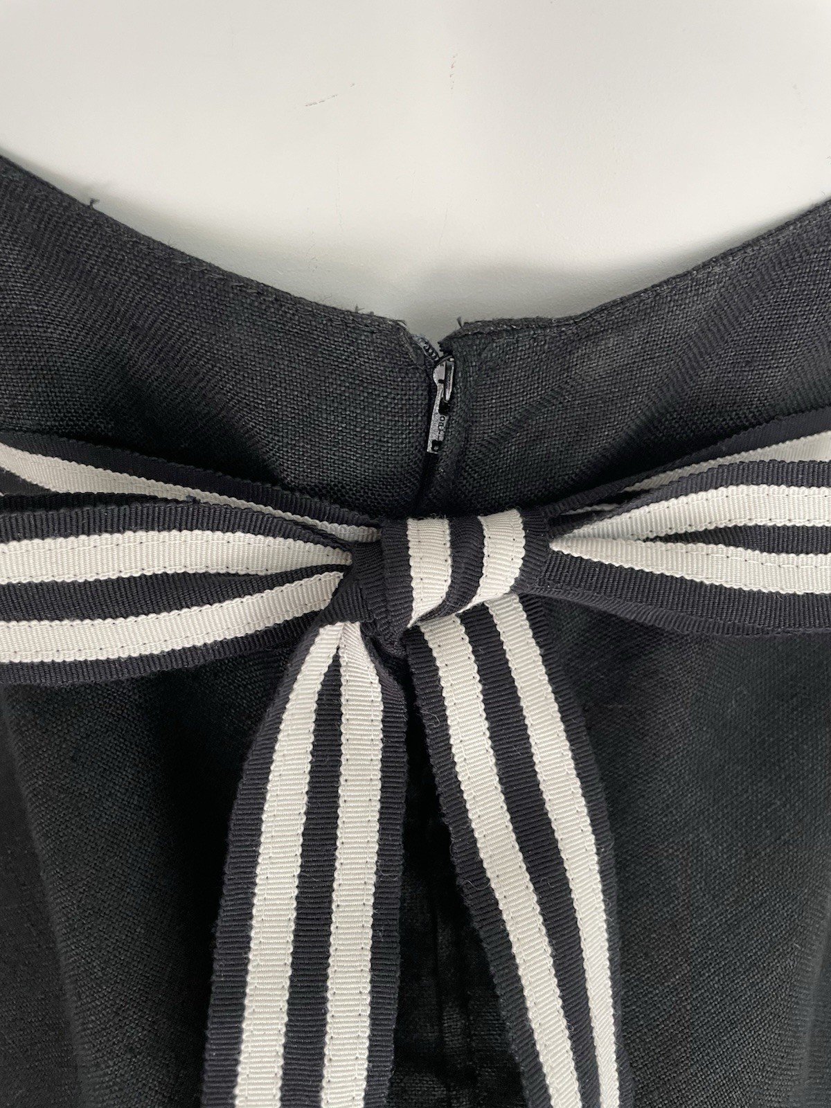 Valentino 1993 Vintage Black Linen Dress White Stripe Bow Ribbons Size Large 90s