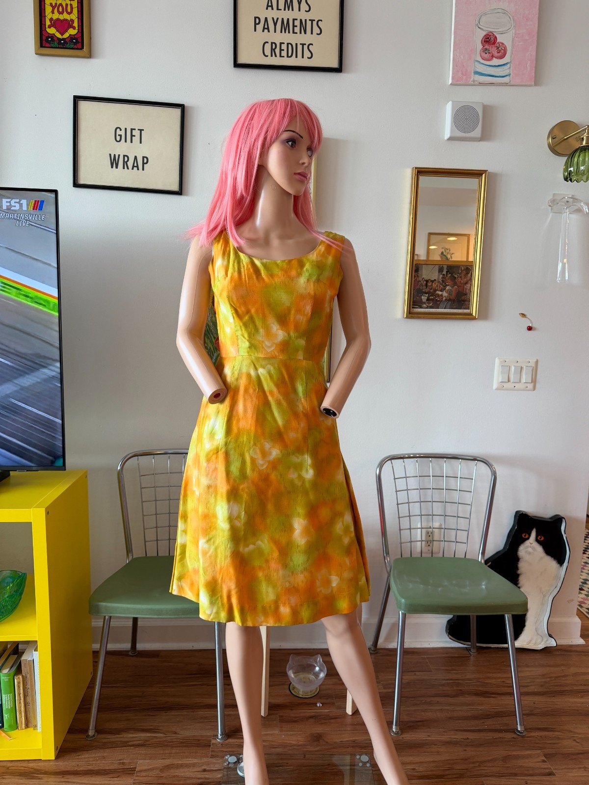 🍊 Vtg 50s Silk Citrus Atomic Floral Side Pleat Structure Cocktail Dress M