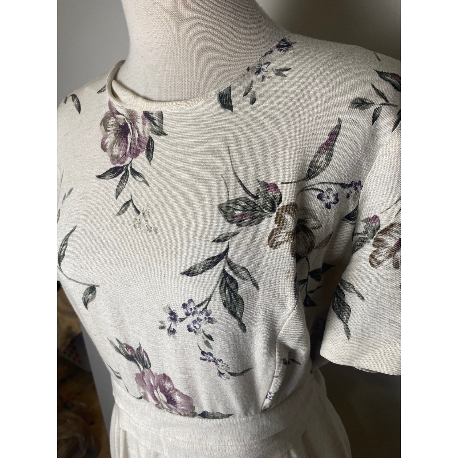 Vintage Miss Dorby Petites Floral Midi Dress Cream Purple 80s 90s Cottagecore