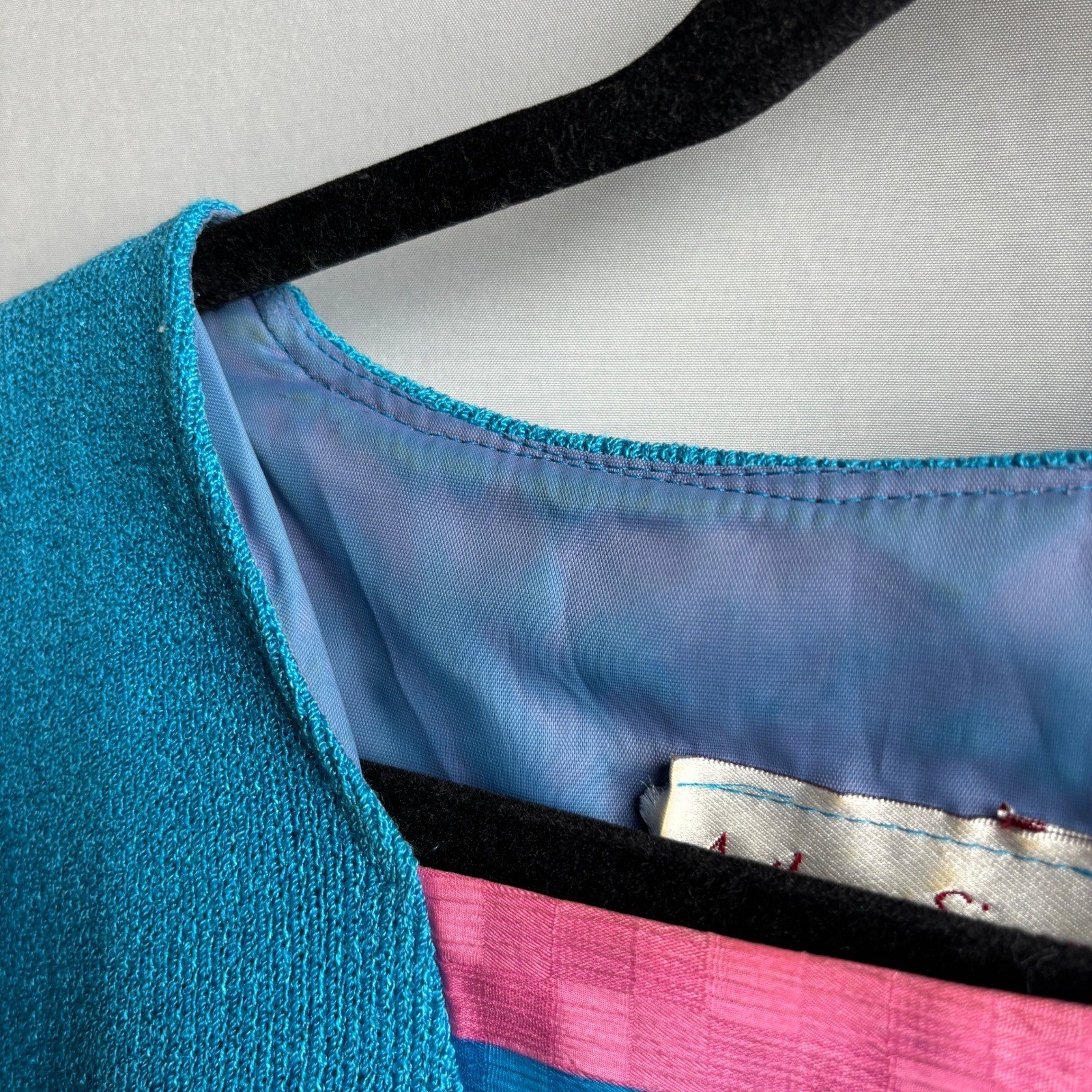Anthony Sicari Vintage 80s Blue Knit Sweater Rainbow Inset 6 Pastel Colorful