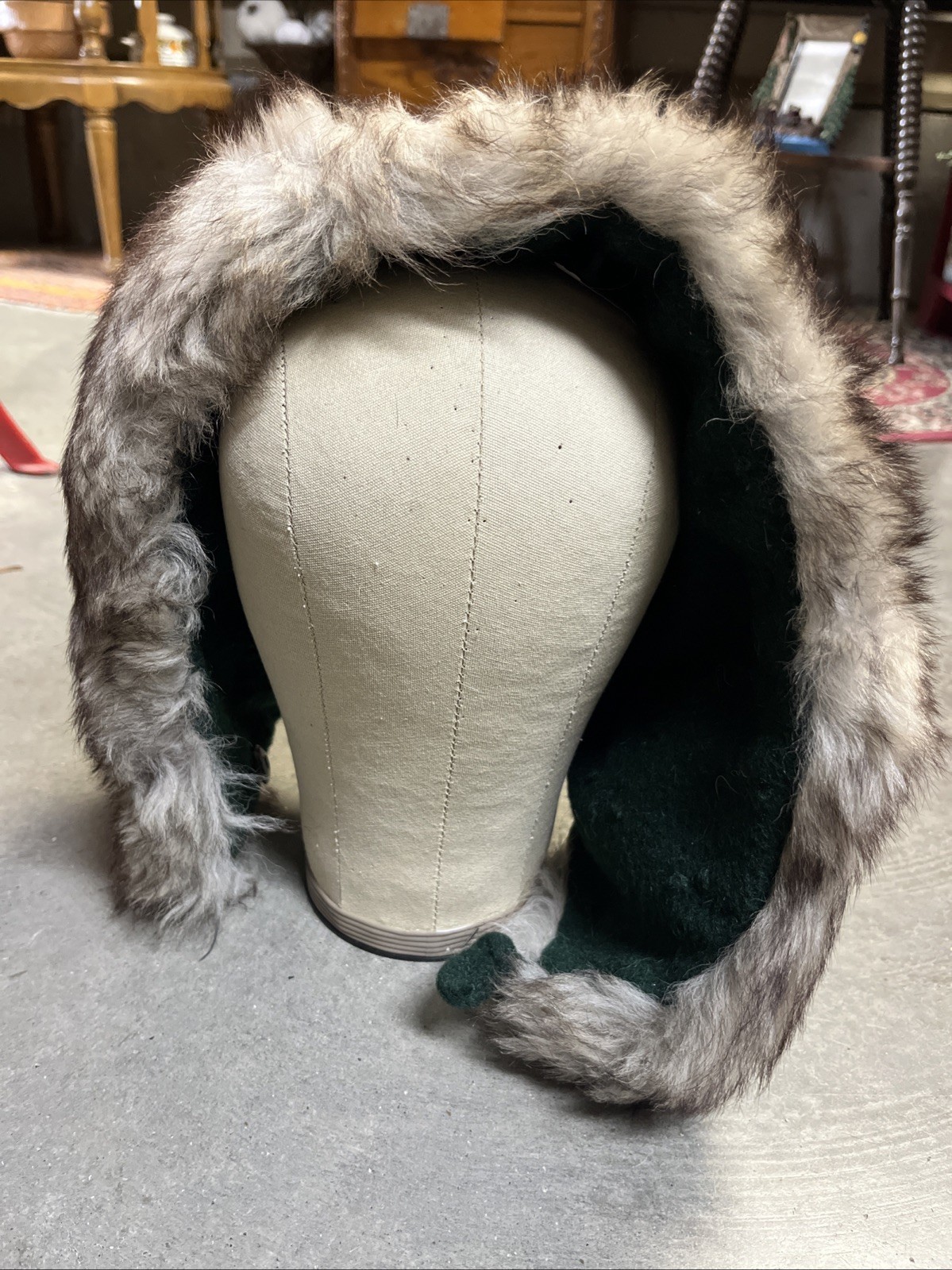 VTG 1940s Hunter Green Wool & Fur Replacement Hood Button Front Loop Attachments